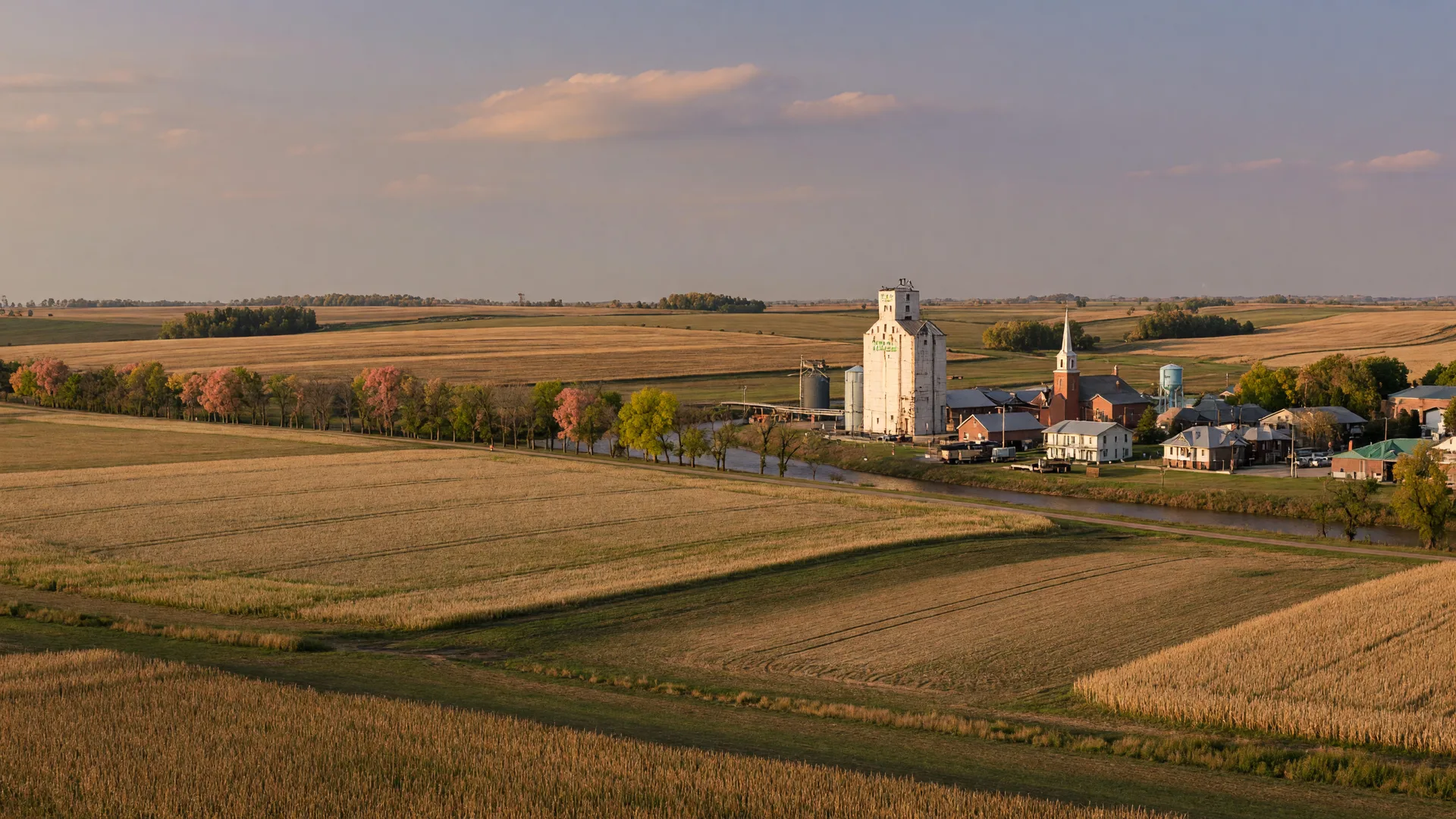 Rolling farmland and a small town in Central Illinois in autumn