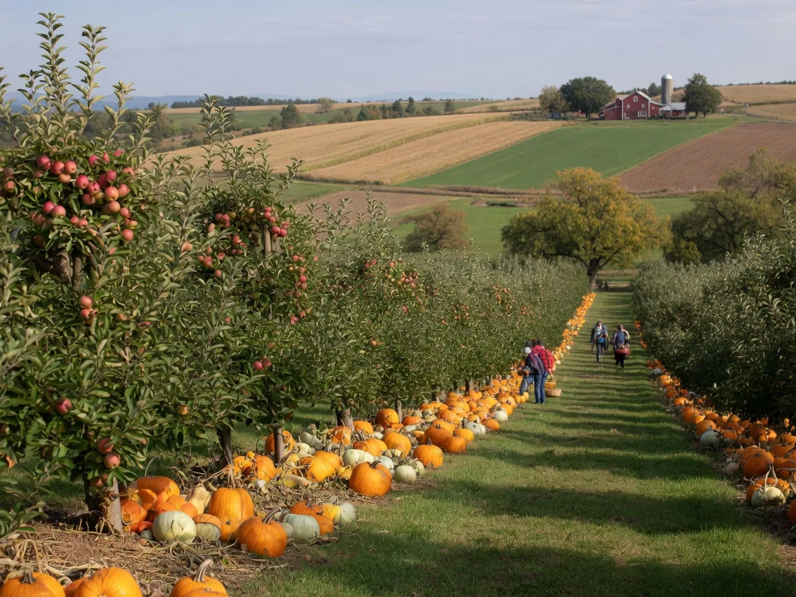 Early fall harvest rows of apple trees and pumpkins in the Lehigh Valley
