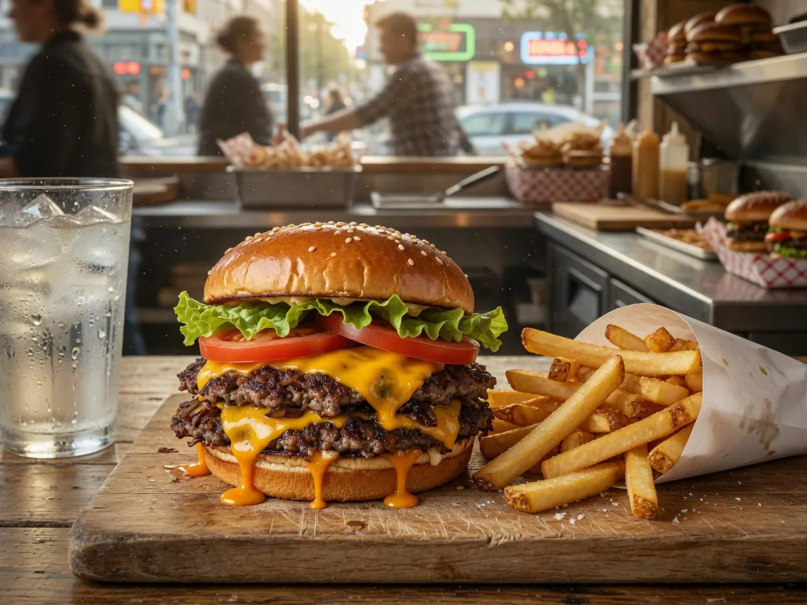 A craft smash burger with fries on a wooden board at a neighborhood burger counter