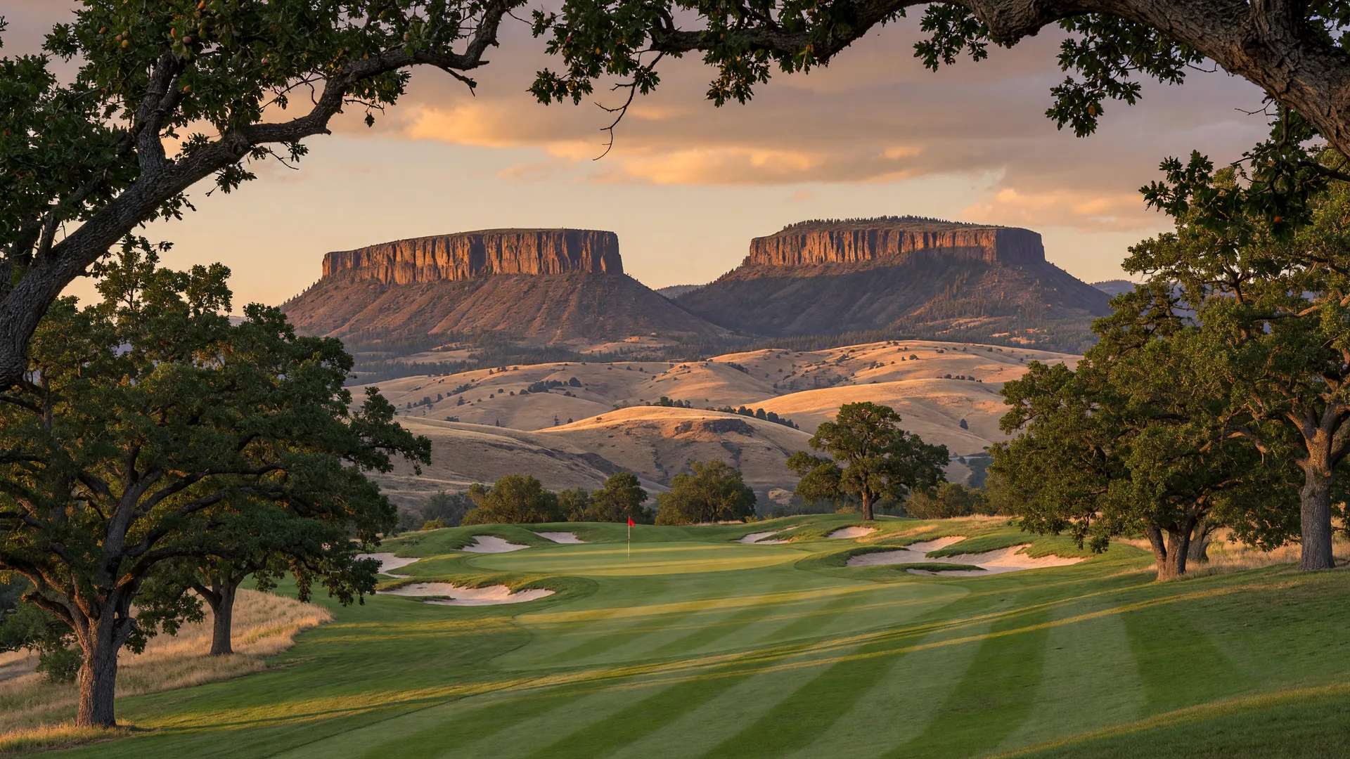 The green fairways of Eagle Point Golf Club with the Table Rocks rising on the horizon under warm late-afternoon light