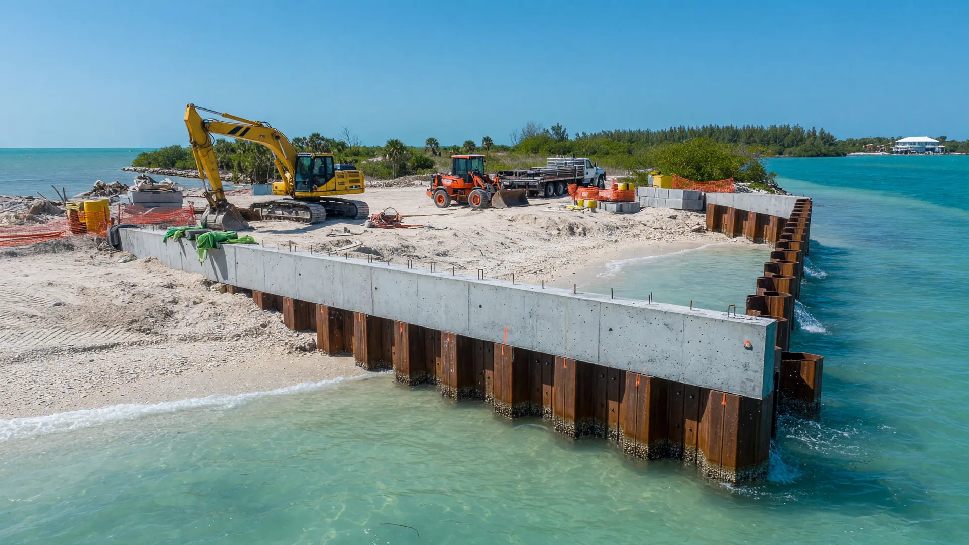 Modern seawall construction project in the Florida Keys showing poured concrete with steel sheet piling, turquoise water on one side, earth-moving equipment, and clear blue sky