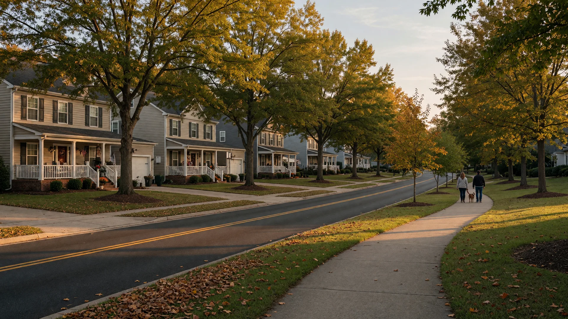 A leafy Fort Mill, South Carolina neighborhood street with front-porch homes, mature trees, and a walking trail in warm light