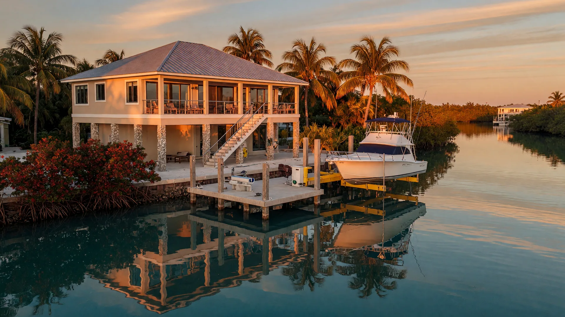 A luxury Florida Keys waterfront home at golden hour, raised on concrete pilings with a standing-seam metal roof, a private concrete dock and boat lift holding a sportfishing yacht in a calm deep-water canal