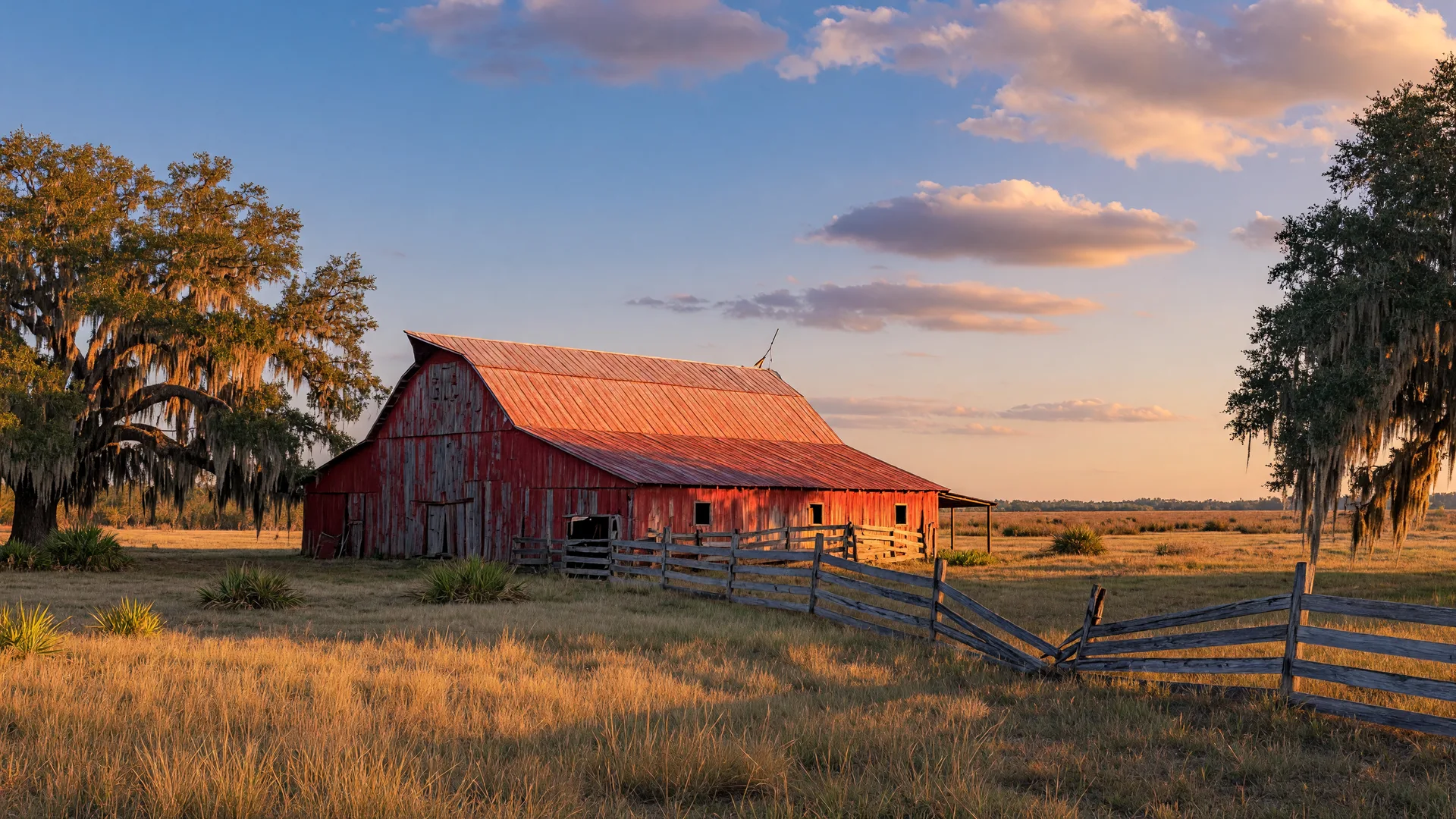 Weathered red barn on open Central Florida pasture at golden hour