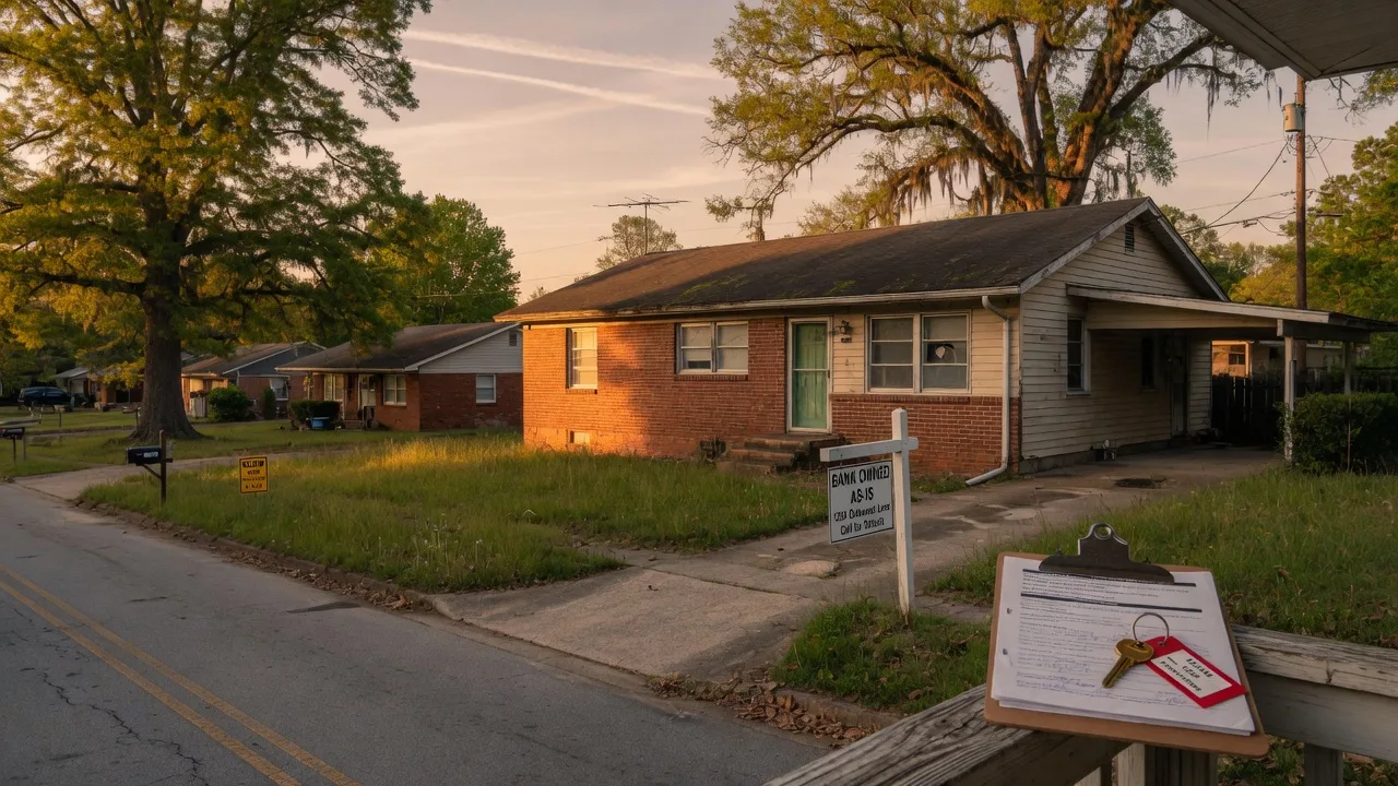 An as-is brick and siding ranch home on a quiet Metro Atlanta street at golden hour with a For Sale sign at the driveway edge and a clipboard of property condition documents on the porch railing, representing a Fannie Mae HomePath property