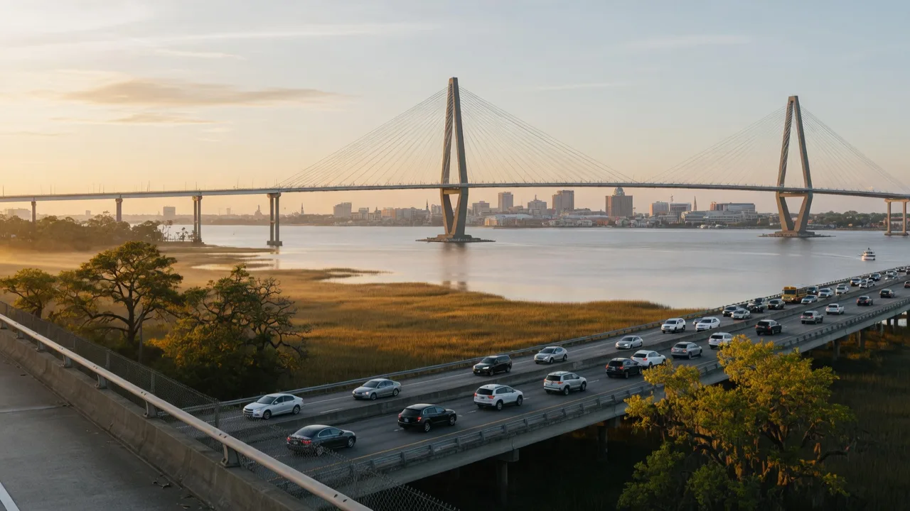 Morning commute on a Charleston-area highway toward the Cooper River Bridge and the downtown skyline in warm sunrise light