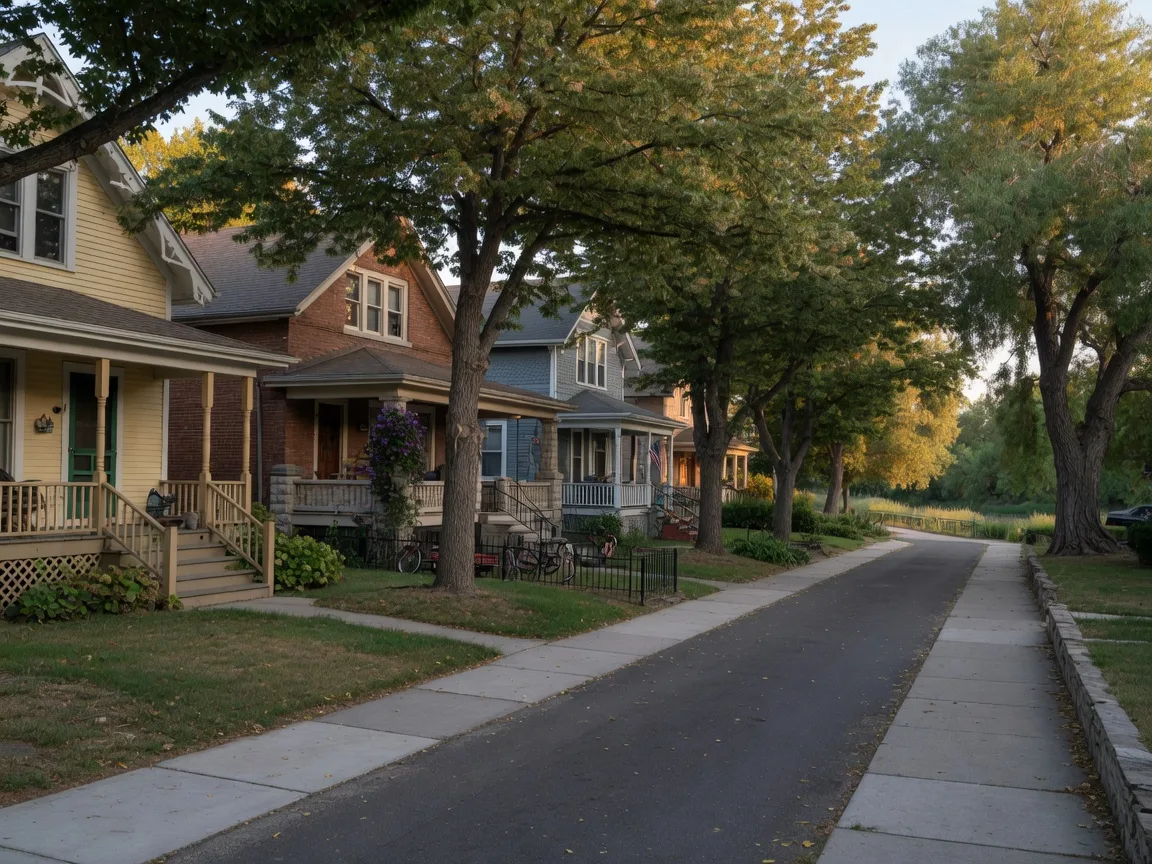 A quiet tree-lined West End block with classic homes near the river