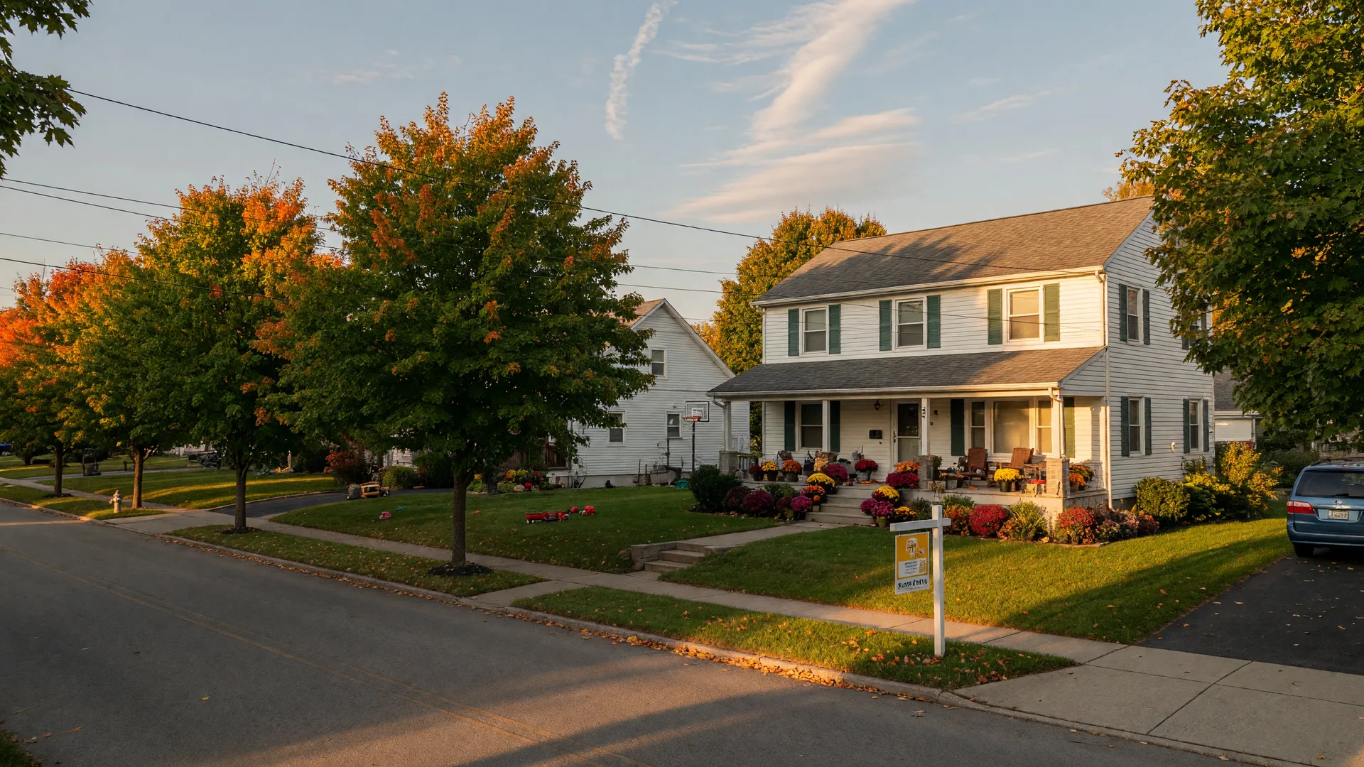 Tree-lined suburban street in Warren County, Ohio in late September with early autumn color and a For Sale sign in warm afternoon light