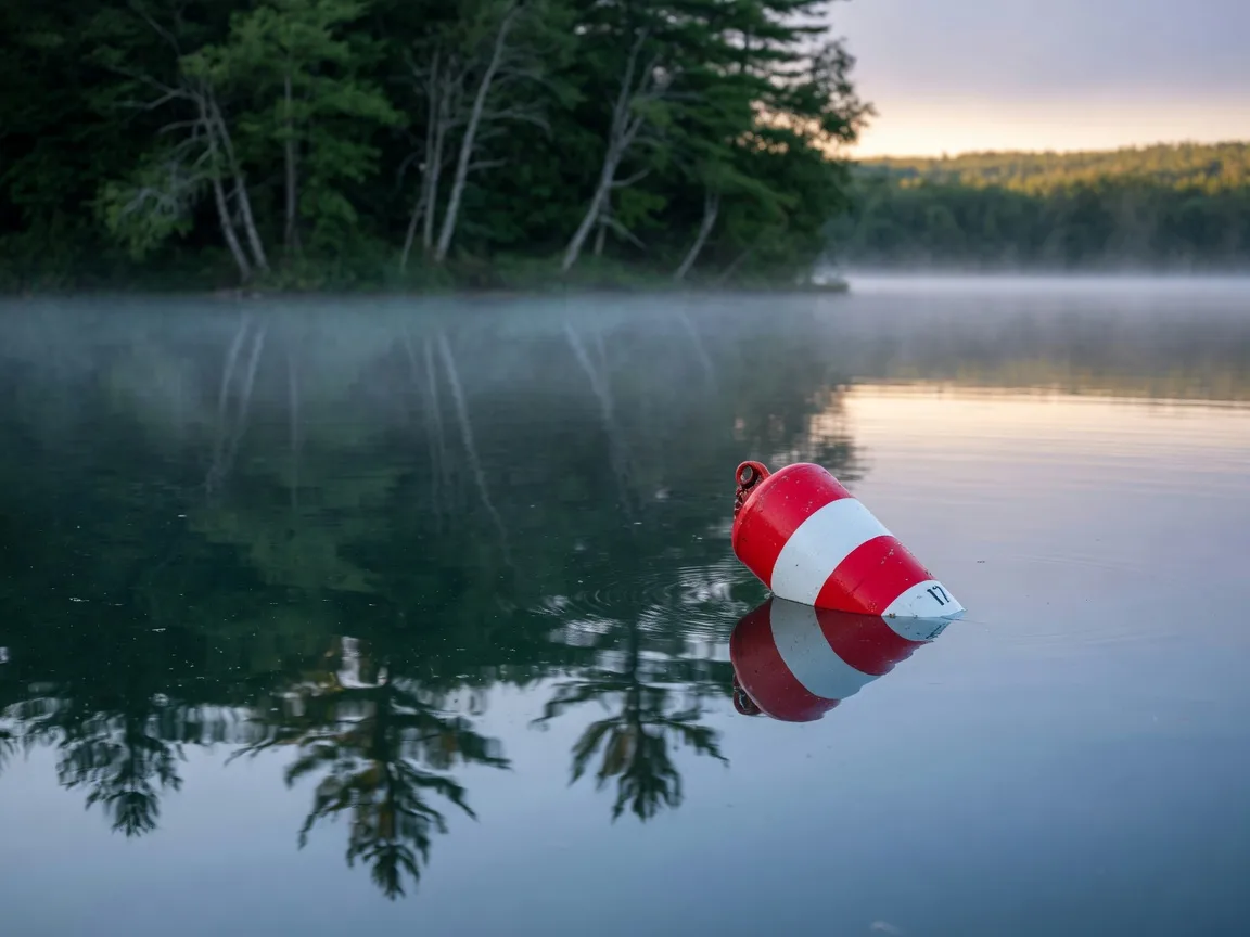 Glassy early-morning water on Lake Wylie with a red-and-white mooring buoy at the surface