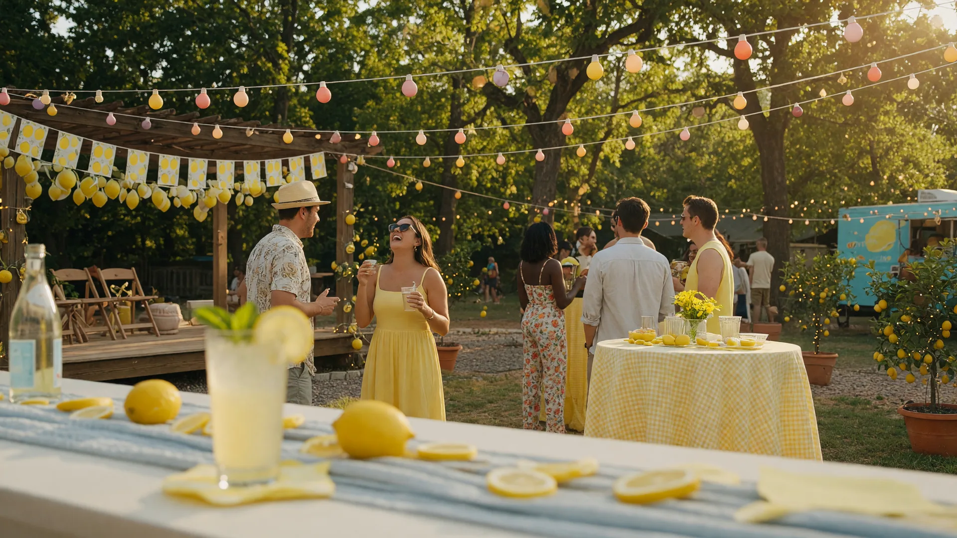 Lemon-themed summer day party in Tulsa with string lights, lemon decor, and guests socializing outdoors