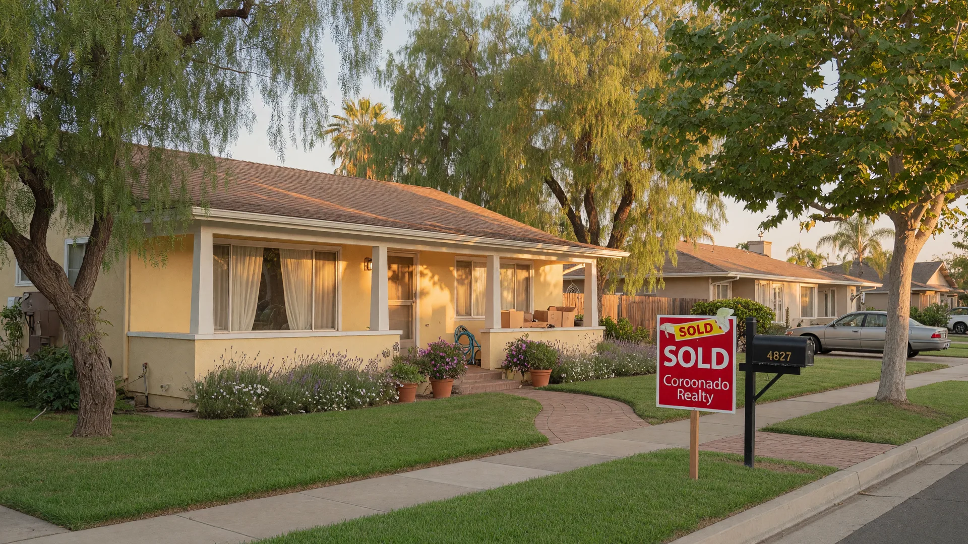 A San Diego ranch-style home with a Sold sign in the front yard, warm afternoon sunlight filtering through trees