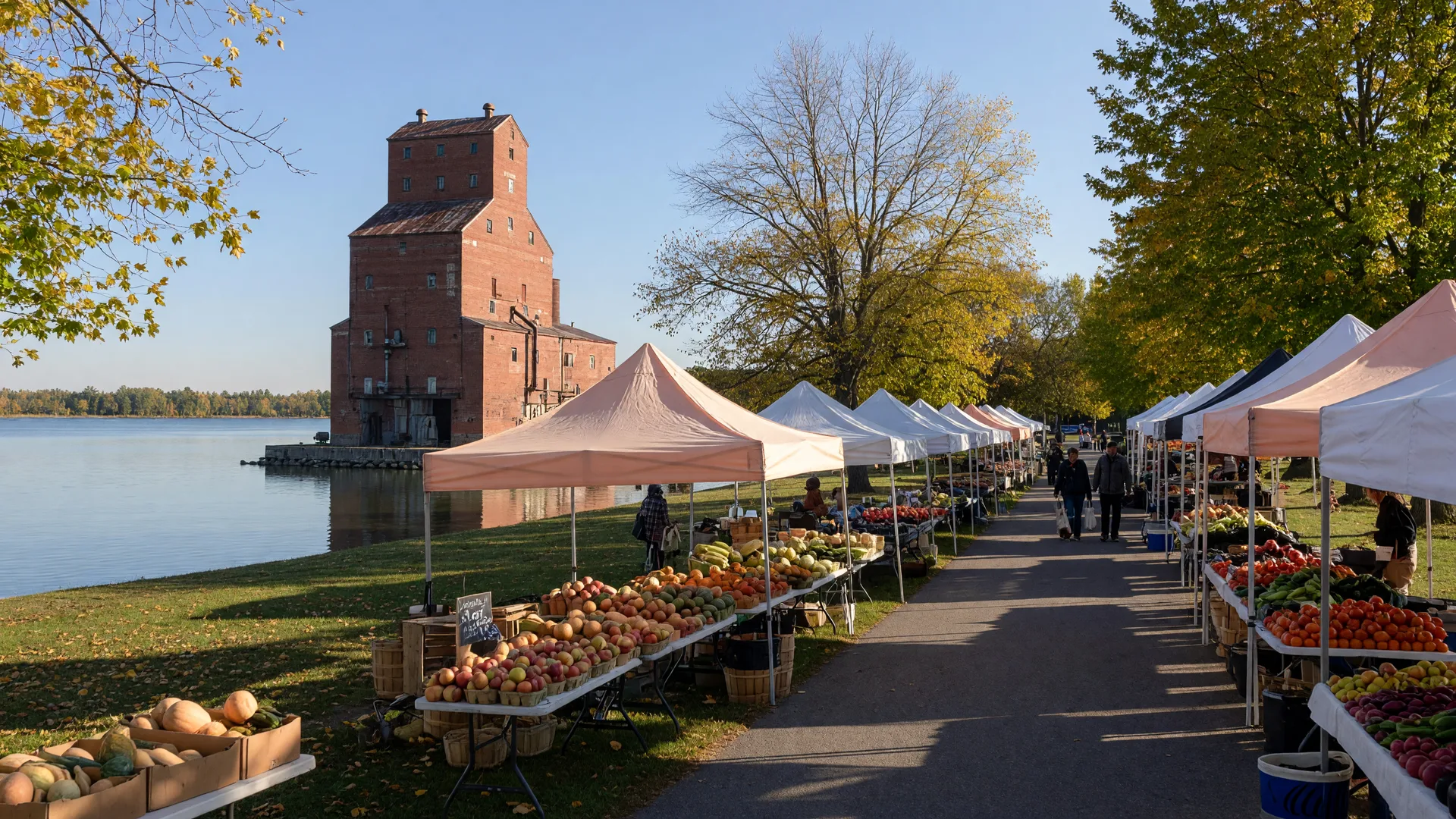 Farmers' market tents lining the Port Perry lakefront at the foot of Queen Street on a September morning, with the historic grain elevator rising beside Lake Scugog