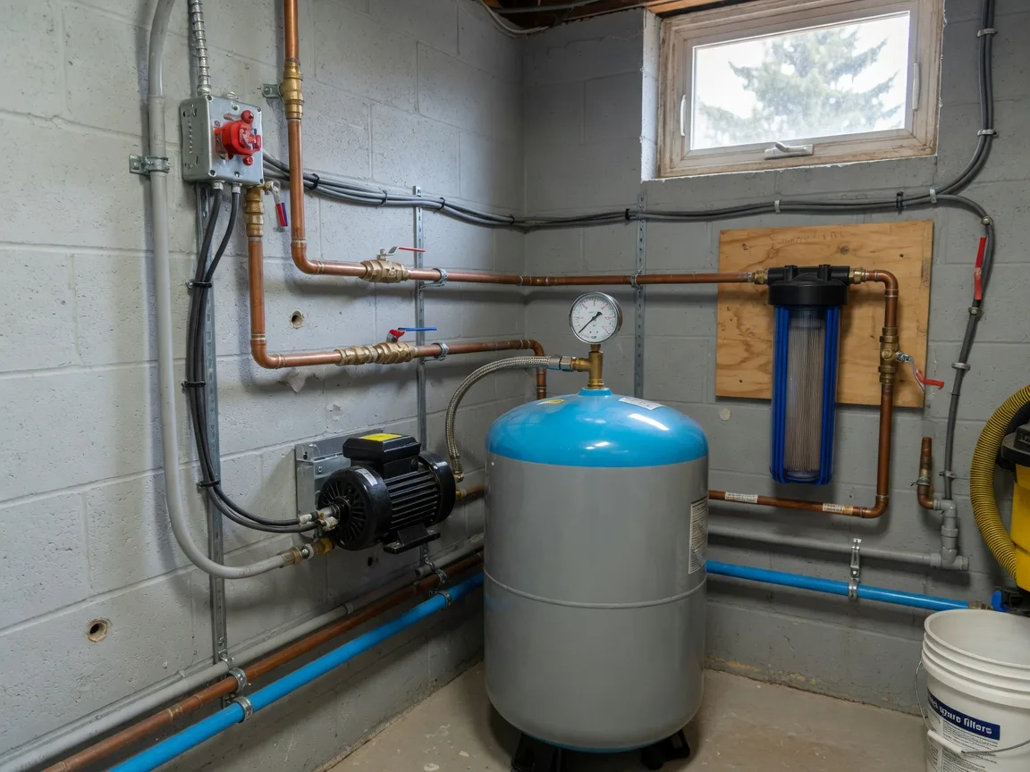 Clean and well-maintained residential water well pump system with pressure tank and piping in a rural Ontario basement utility area