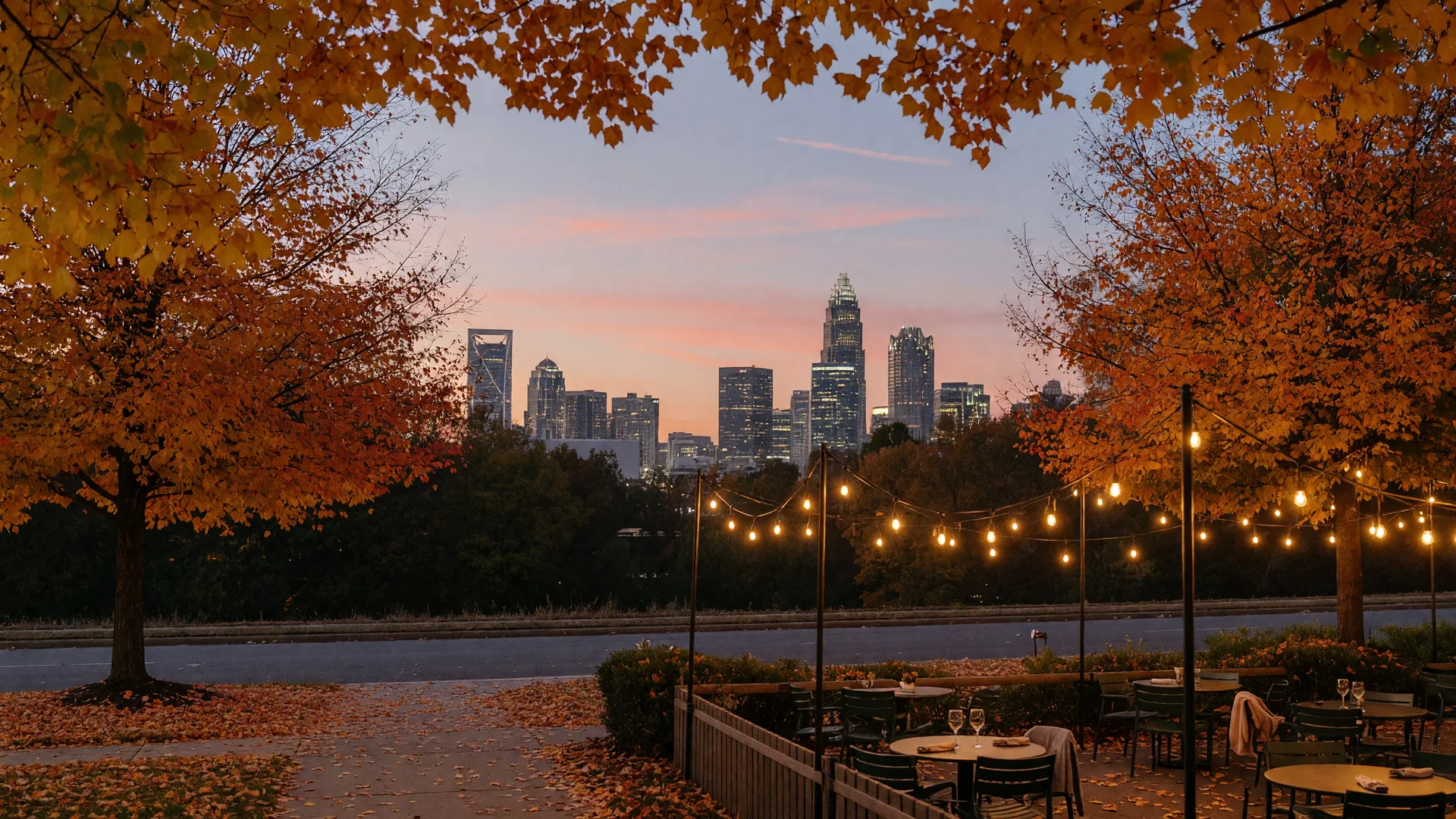 Charlotte NC Uptown skyline at dusk in early November, framed by golden autumn leaves and warm string lights along an Uptown street