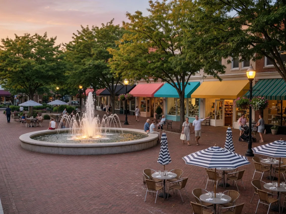 Rockville Town Square in Rockville Maryland in late summer evening with a brick plaza, central fountain, storefronts, and outdoor cafe tables