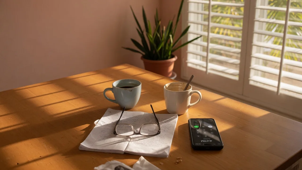 Two cups of coffee, a folded note, reading glasses, and a smartphone left on a sunlit kitchen table, the setting for a difficult care conversation.