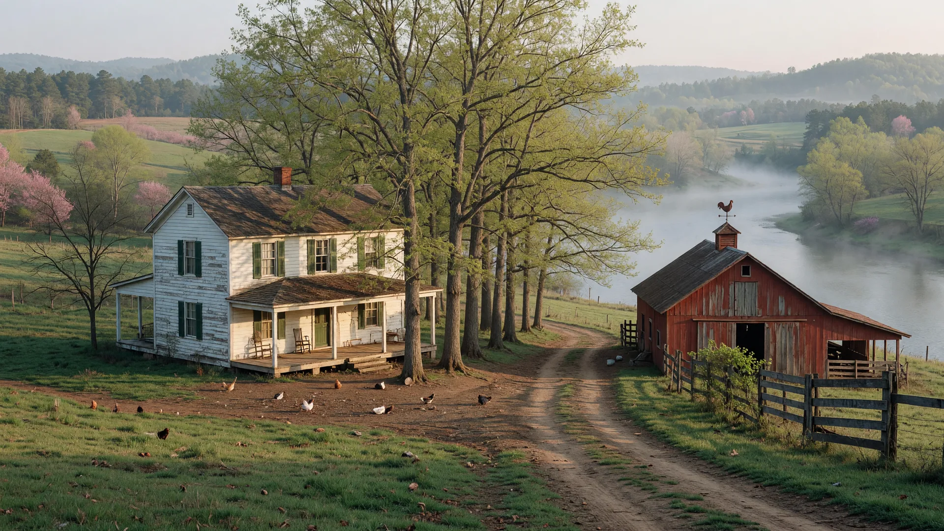 A white mid-century farmhouse with a covered porch on a rise above a misty river valley, with pecan trees and a red barn nearby