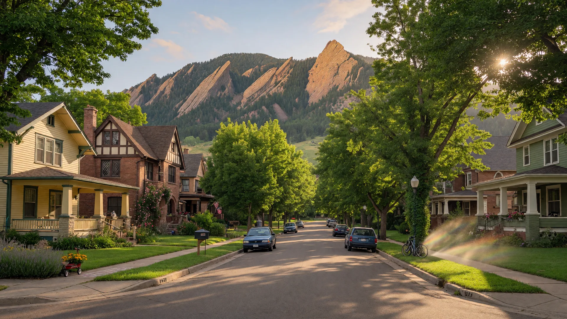 Tree-lined residential street in Newlands neighborhood with historic homes and Flatirons view