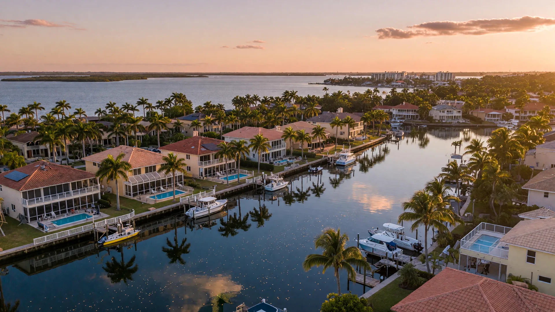 Aerial view of palm-lined residential canals and coastal single-family homes along Sarasota Bay at golden hour, with docks, boats, and calm water reflecting the warm light