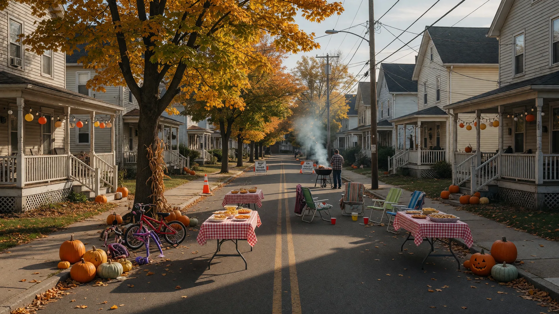 A residential street in a New Jersey neighborhood closed off for an autumn block party, with folding tables, carved pumpkins, string lights, bikes, and lawn chairs under golden October trees