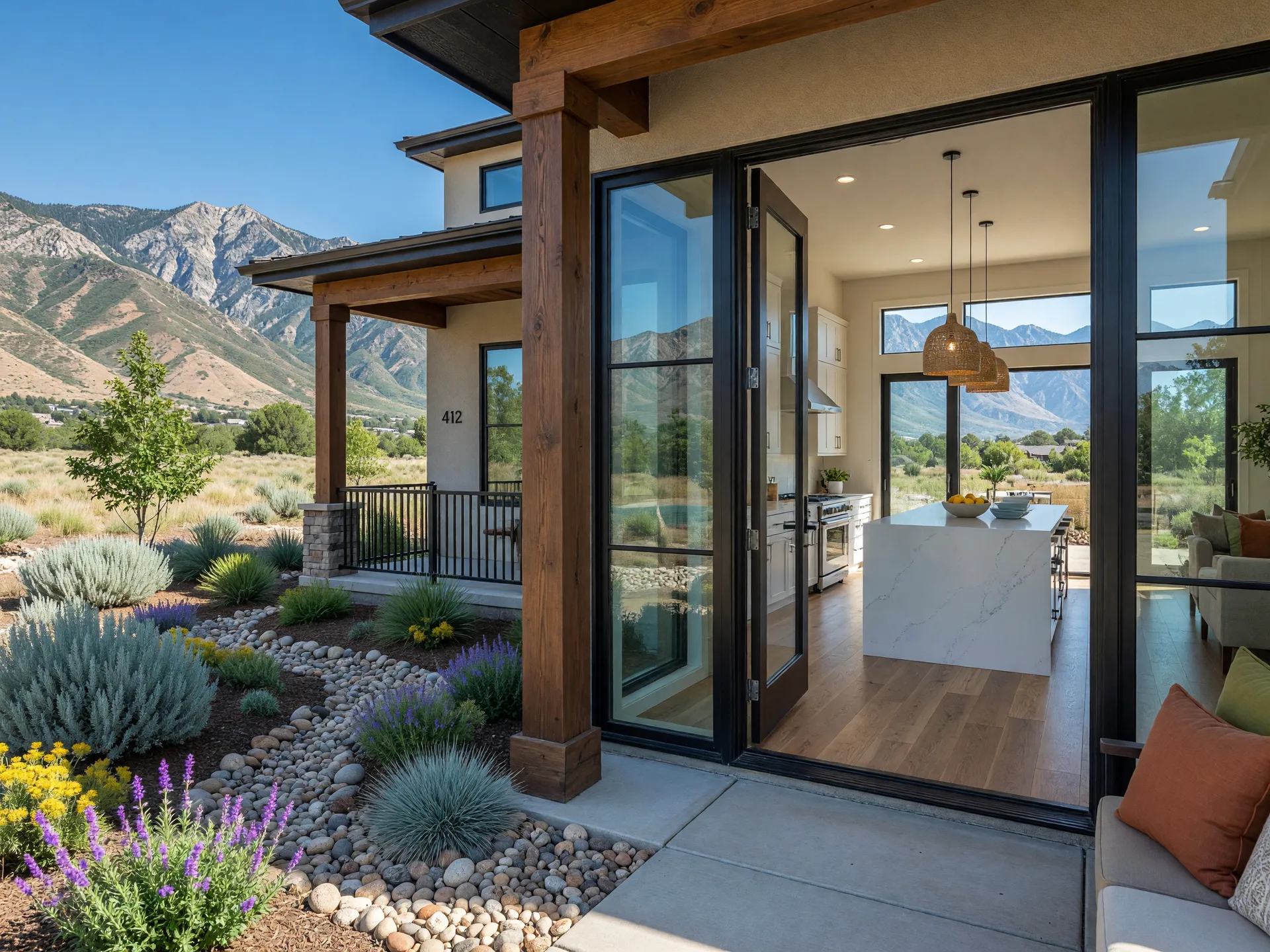 Modern model home entryway in a Utah master-planned community with open-concept great room and mountain views