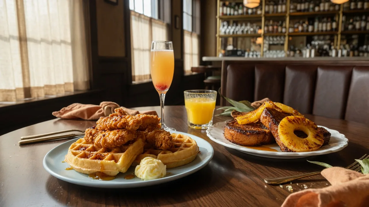 A warm brunch table inside a stylish boutique-hotel restaurant bar with malted waffles topped with crispy fried chicken and hot honey, bruised brioche French toast with caramelized pineapple, and a mimosa on dark wood