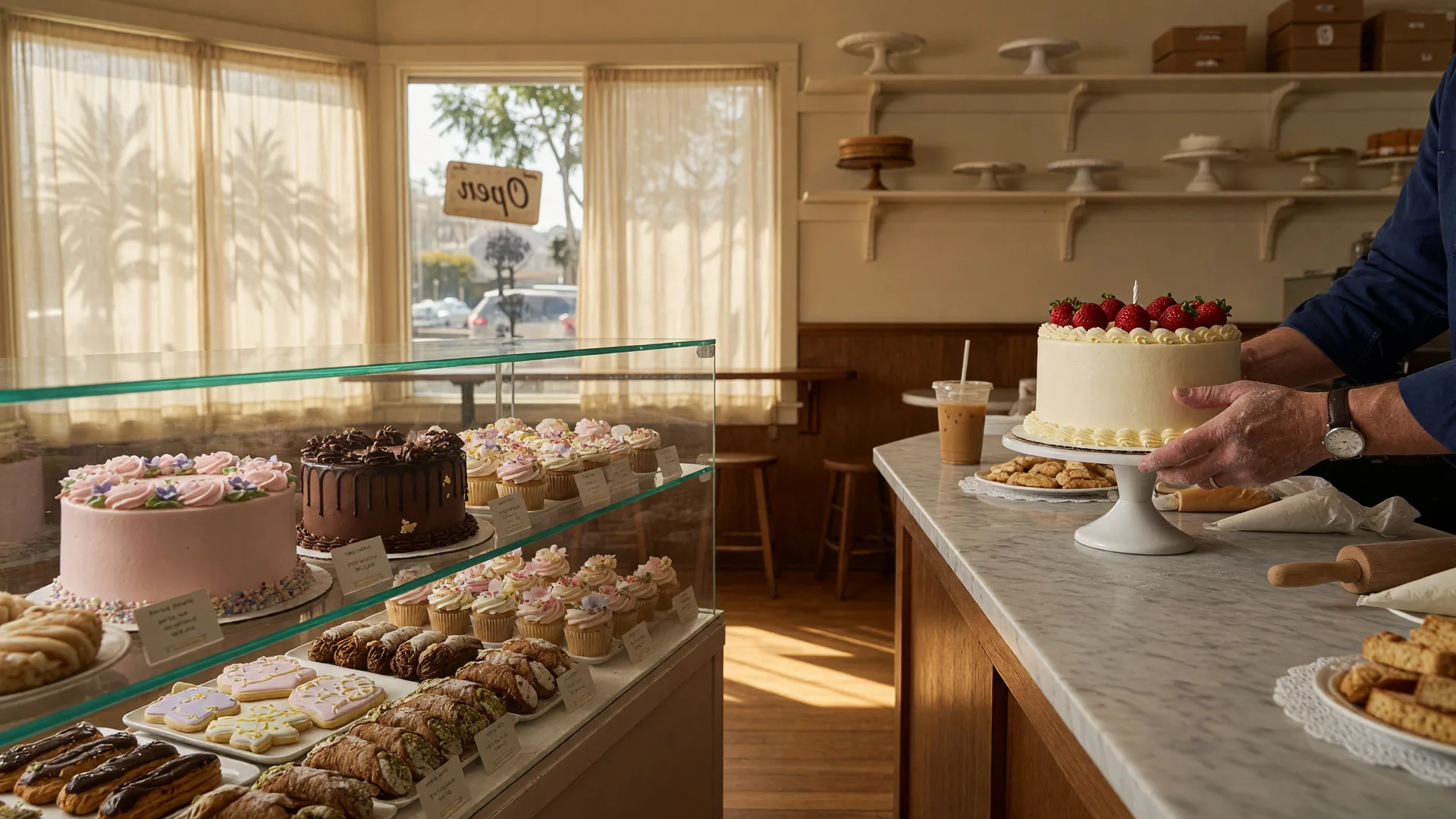 Warm interior of Beverly's Bakery in Fullerton Hills: a family-owned custom cake bakery with a display case of celebration cakes, cupcakes, and Italian pastries