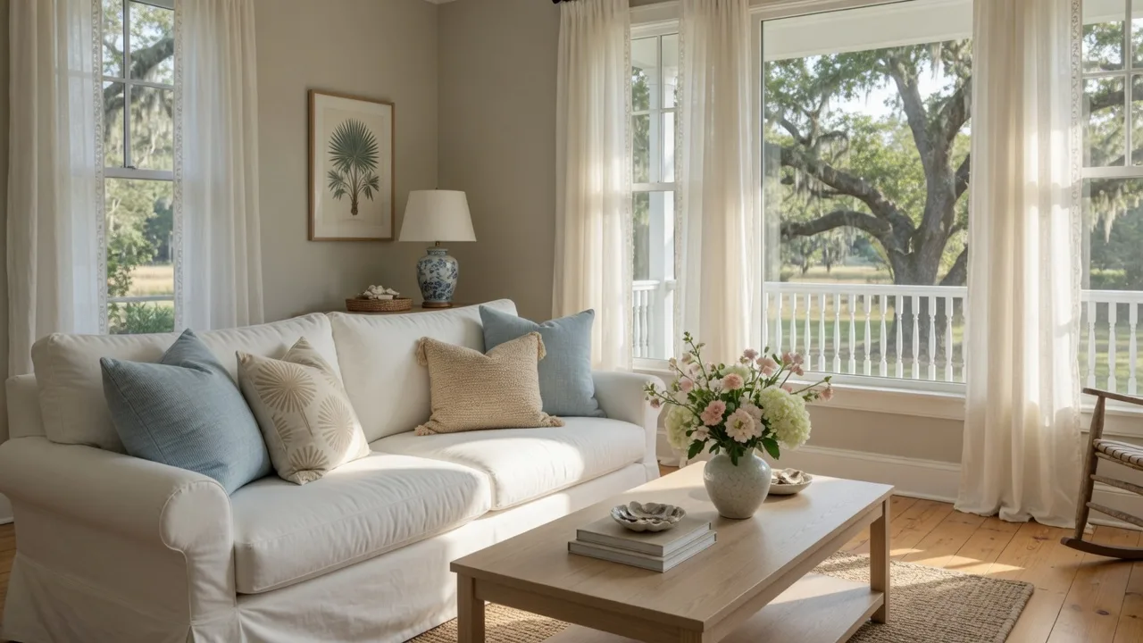 A bright, freshly staged living room with a white slipcovered sofa, coastal blue pillows, and fresh flowers in warm morning light