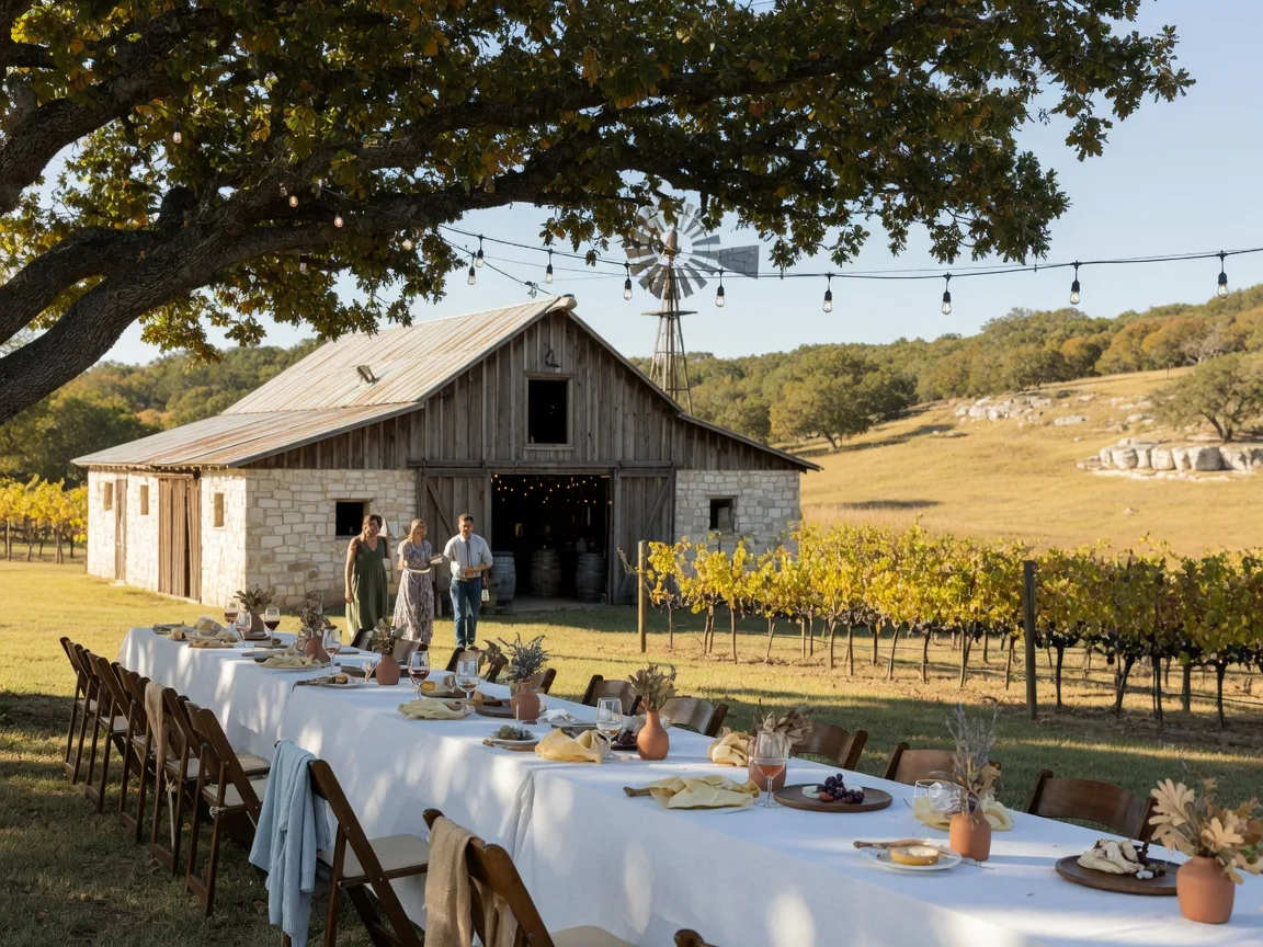Rustic Hill Country wedding venue with a long table under the oak trees at the Wimberley Venue Crawl