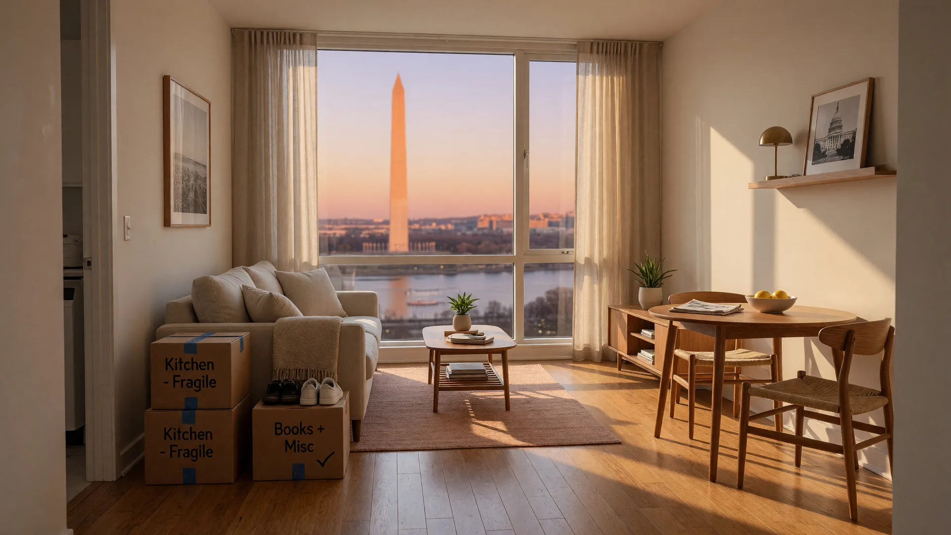 Bright modern downsized condominium living room in a Washington DC metro high-rise with floor-to-ceiling windows framing the Washington Monument, a linen sofa, a small dining table, and two tidy moving boxes by the entry in golden late-afternoon light