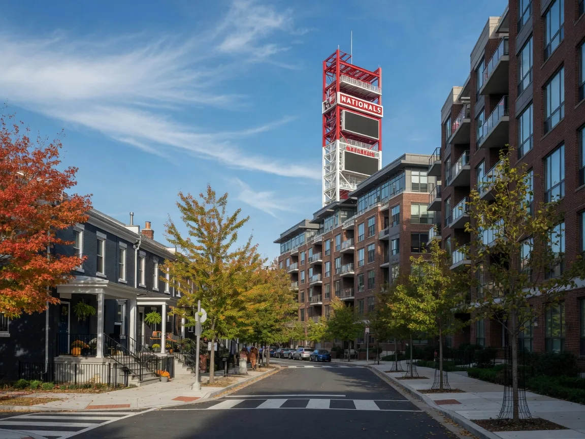 Leafy residential street in the Navy Yard neighborhood of Washington DC on a bright October morning, mid-rise brick and glass condominium buildings and modern rowhouses along the sidewalk with Nationals Park's red-and-white scoreboard rising in the distance