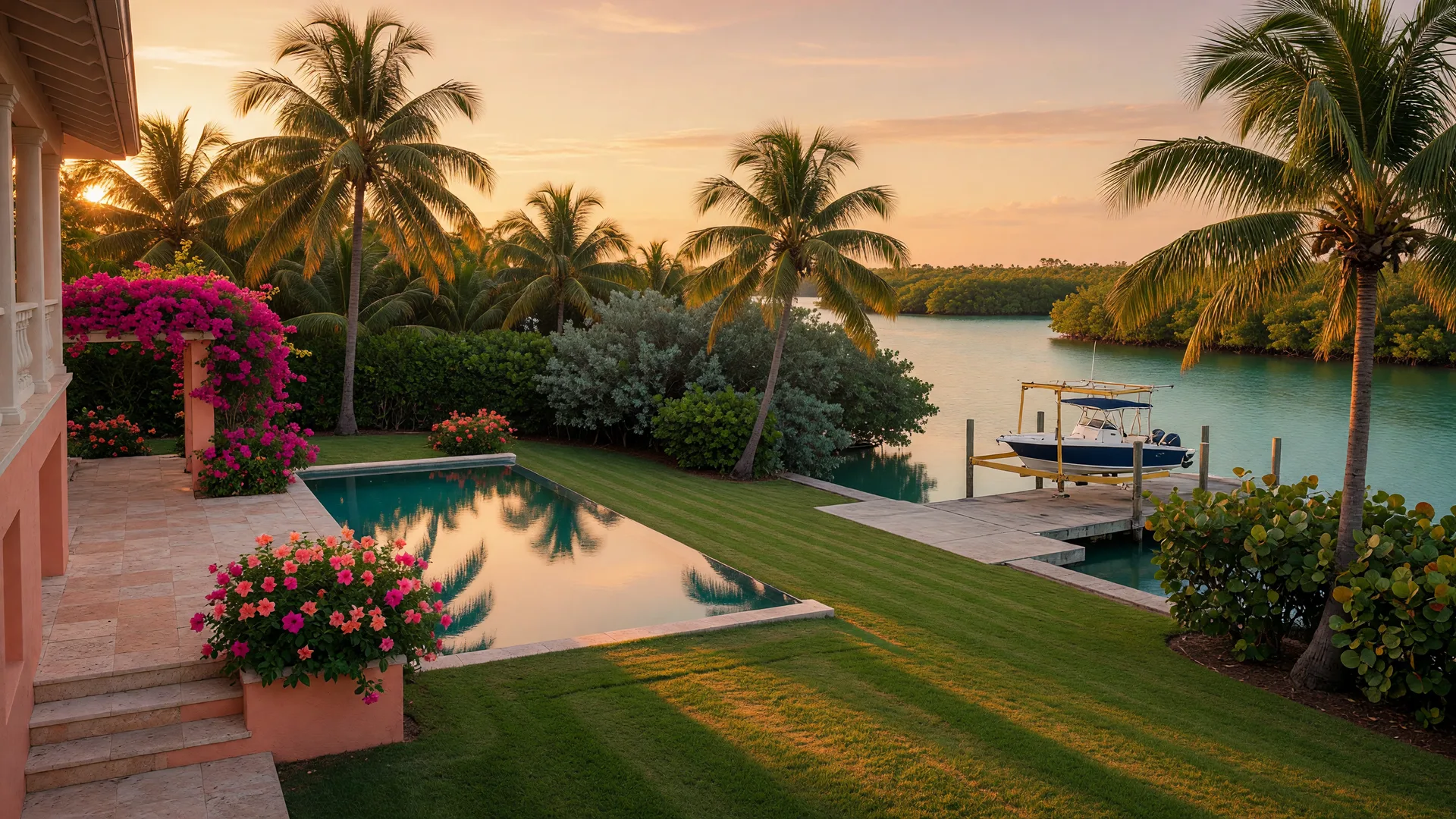 The landscaped tropical grounds of a luxury Florida Keys waterfront estate at golden hour: mature coconut palms, sea grape and buttonwood hedging, bougainvillea and hibiscus, a manicured lawn running from the elevated terrace to an infinity-edge pool and a private dock with a boat lift over a calm deep-water canal
