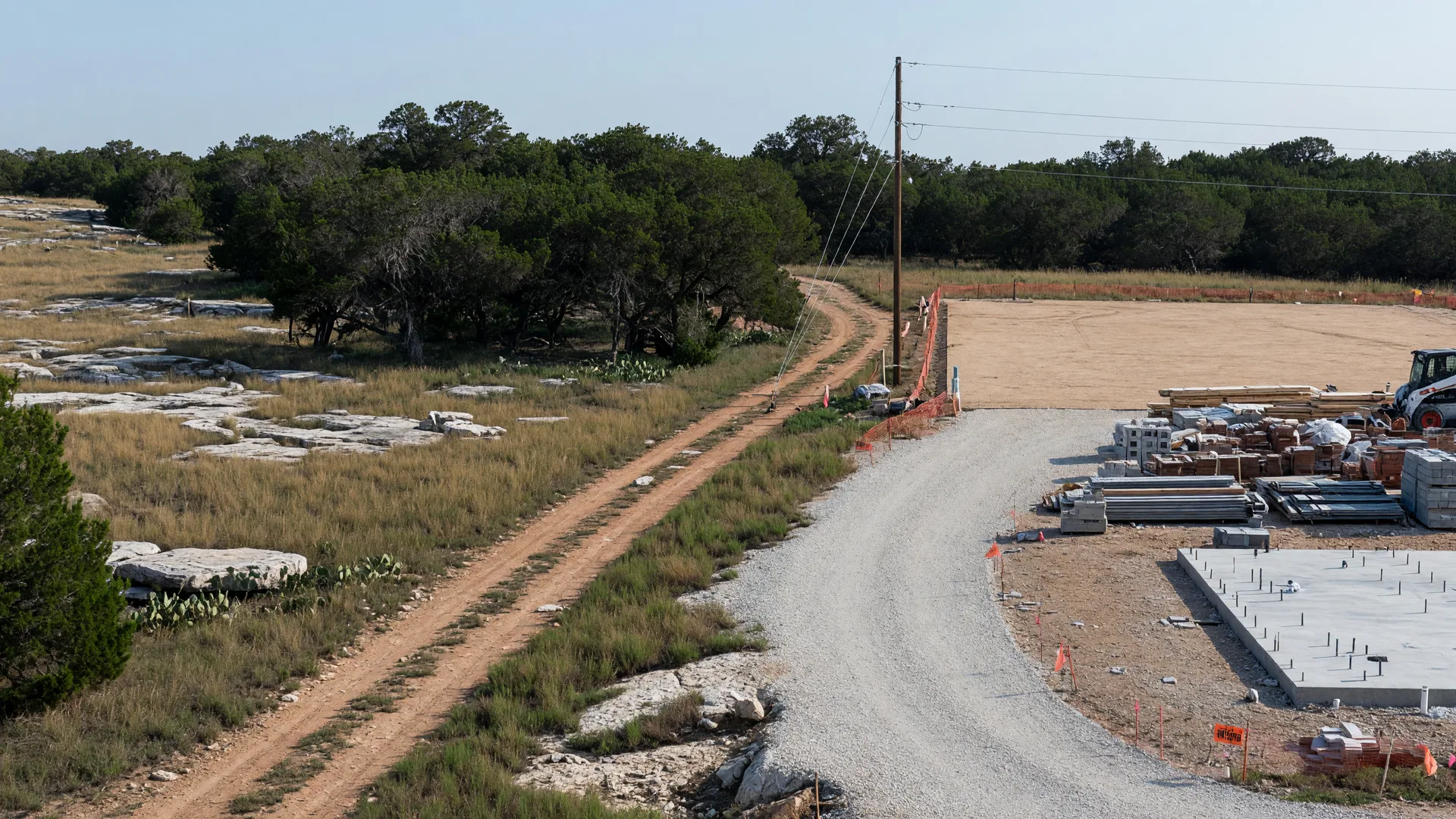 Split composition showing raw undeveloped Texas Hill Country land on the left contrasted with a graded, improved homesite with driveway and utility access on the right