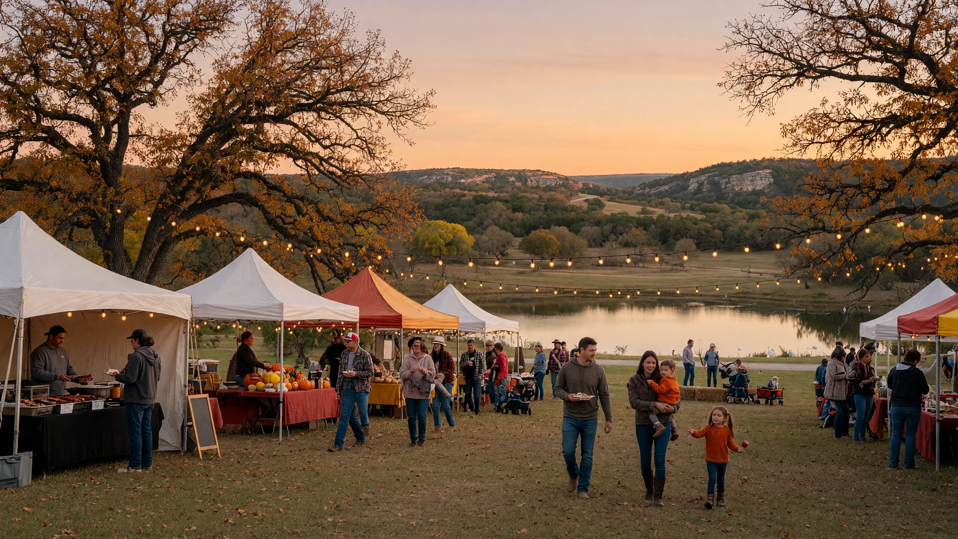 An autumn festival in the Texas Hill Country at golden hour: vendor and food tents strung with lights between live oak trees, families strolling the grounds, and rolling hills