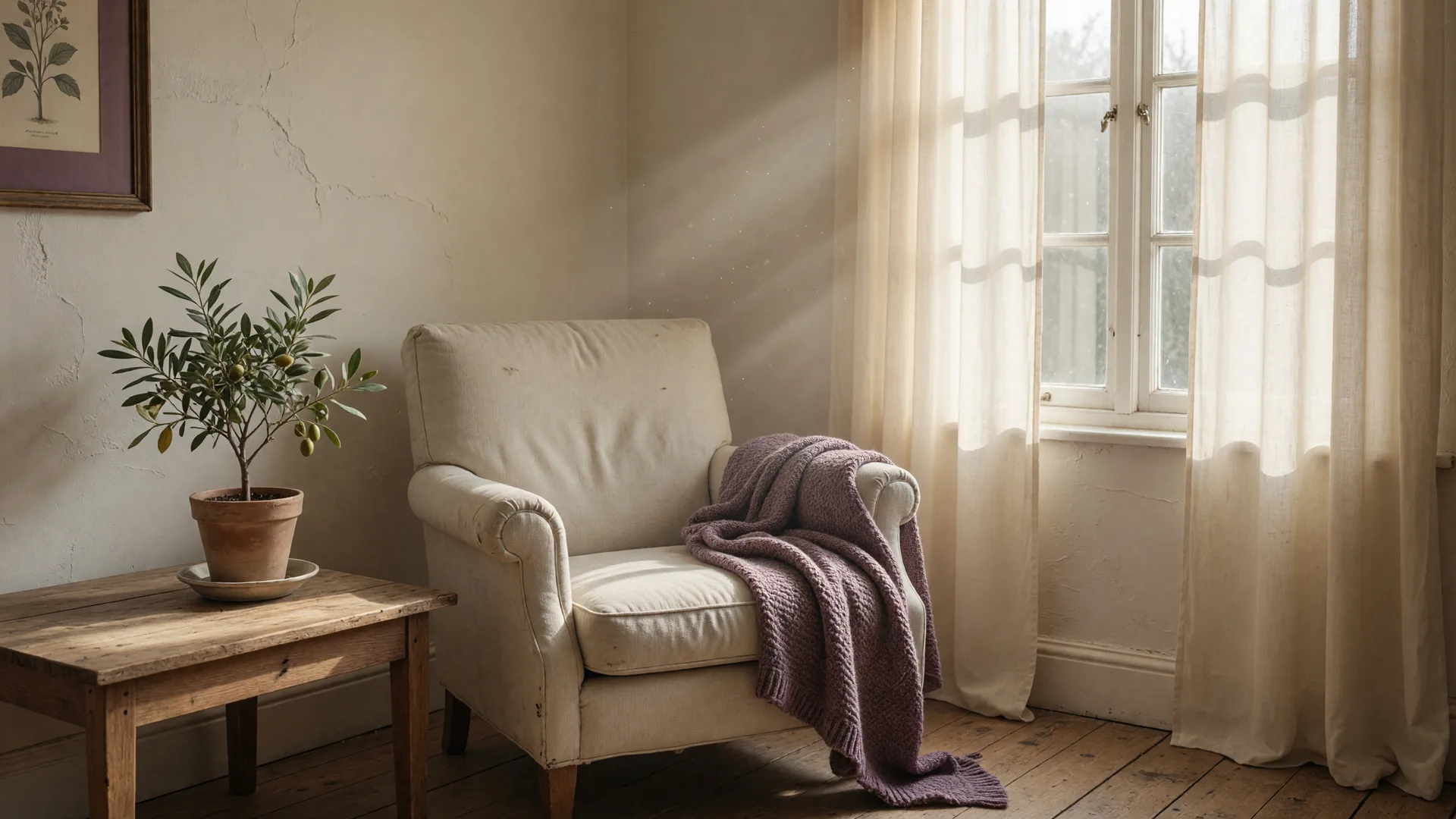 A quiet, safe corner with a worn linen armchair and a folded knitted blanket beside a tall sheered window in soft morning light