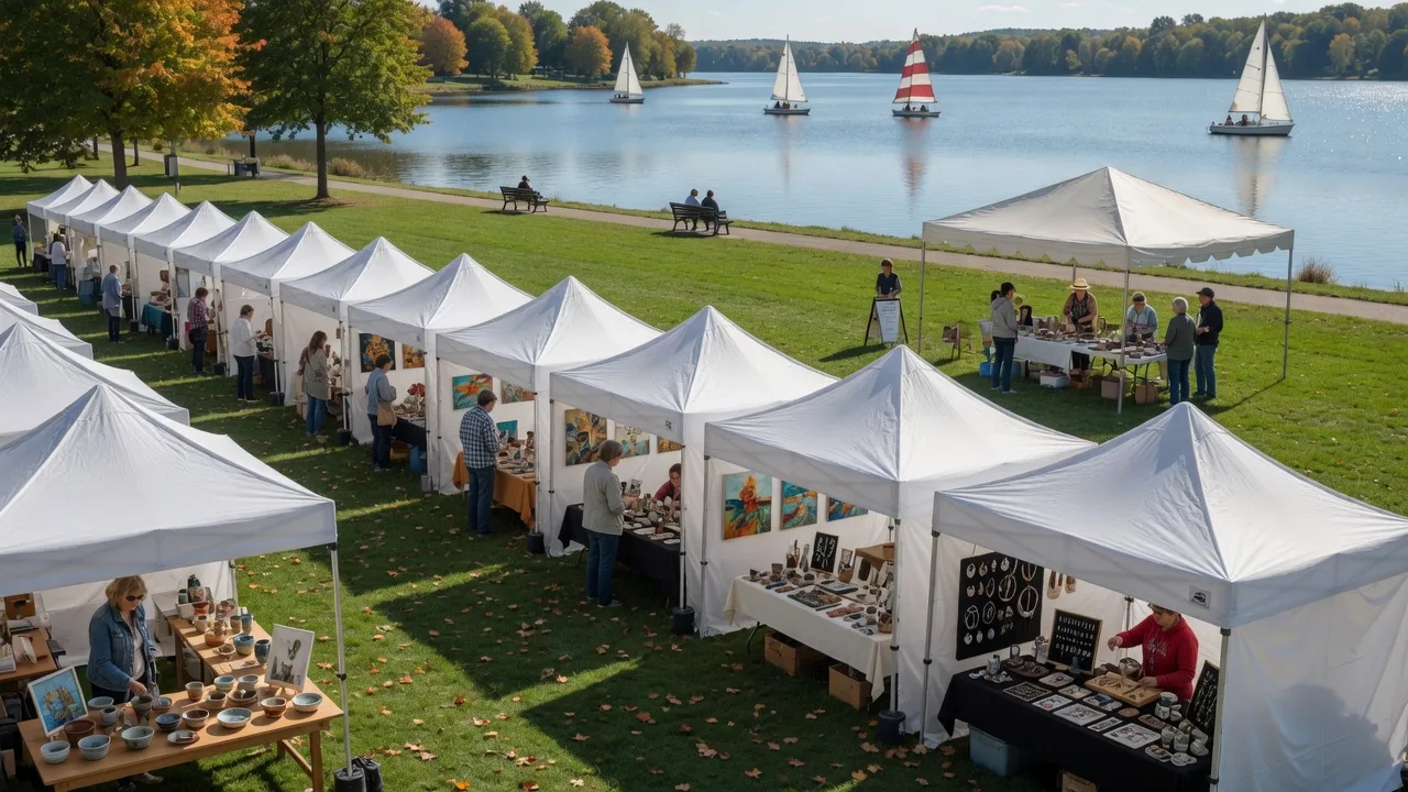 White artist tents in rows beside Coe Lake with craft tables, visitors browsing, and sailboats on the water in the background