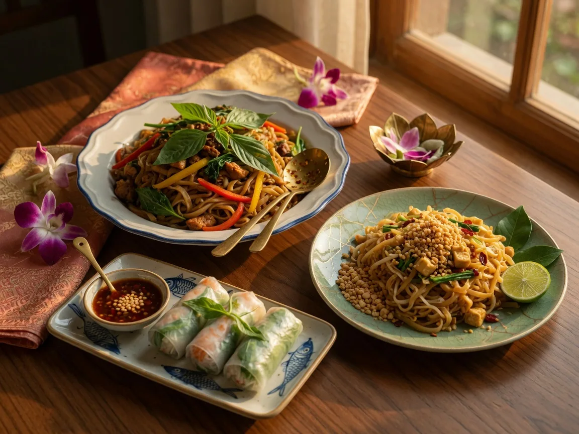 Beautifully plated Thai cuisine at Tani Thai Restaurant in Buford Georgia, Drunken Noodles, Pad Thai, and fresh spring rolls