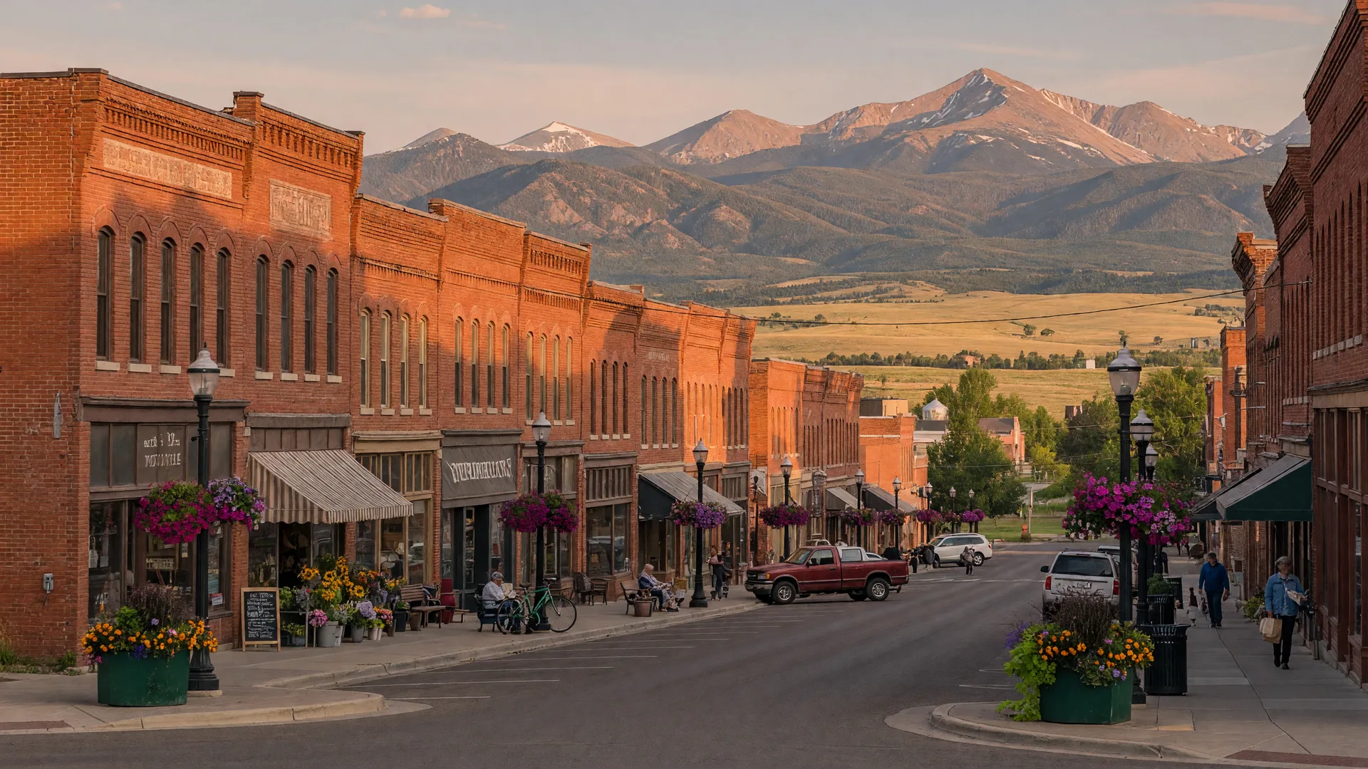 Historic Old Town Erie with Victorian storefronts and mountain views