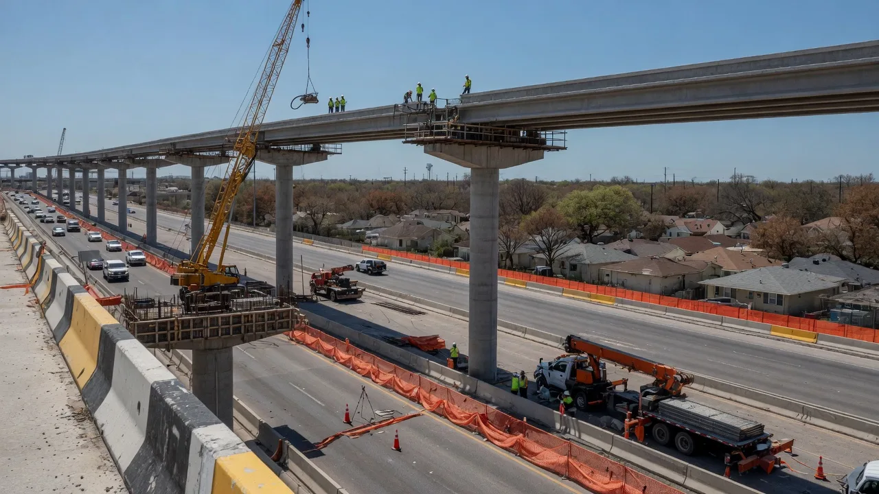Elevated highway lanes under construction over the existing interstate corridor near Selma, Texas