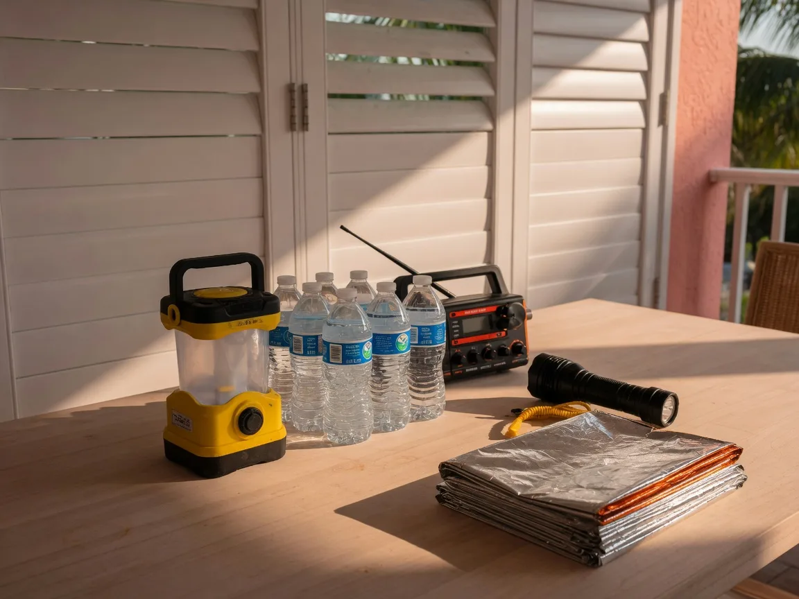 A storm-readiness kit with a battery lantern, bottled water, a NOAA weather radio, a flashlight, and an emergency blanket arranged on a table in front of closed storm shutters