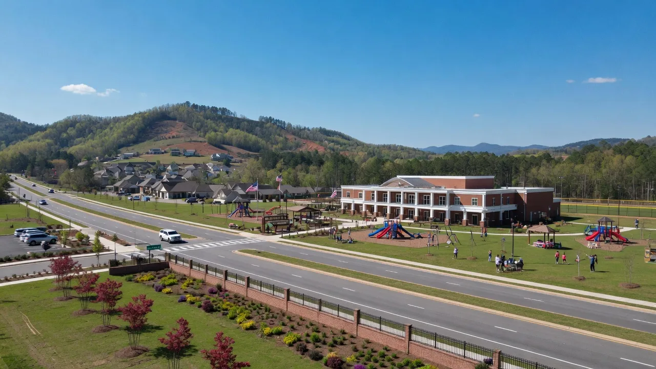 Chelsea's small-town character along the Highway 280 corridor with the community center, green spaces, and Shelby County rolling hills