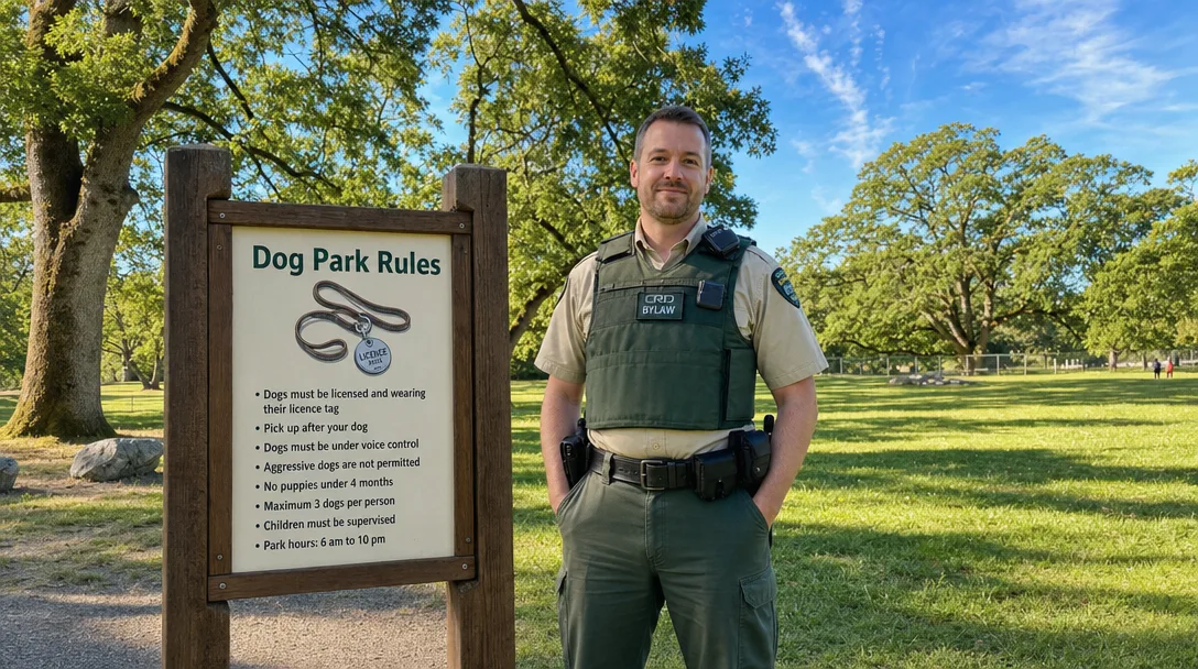 A CRD bylaw officer standing next to a dog park rules sign in a Saanich park on a sunny summer morning