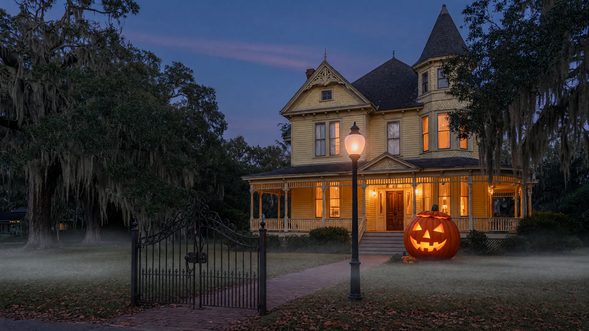 A Queen Anne Victorian house at October dusk, warm light glowing from its tall windows and wraparound porch, a jack-o'-lantern on the steps, live oaks draped in Spanish moss and a thin layer of ground fog.