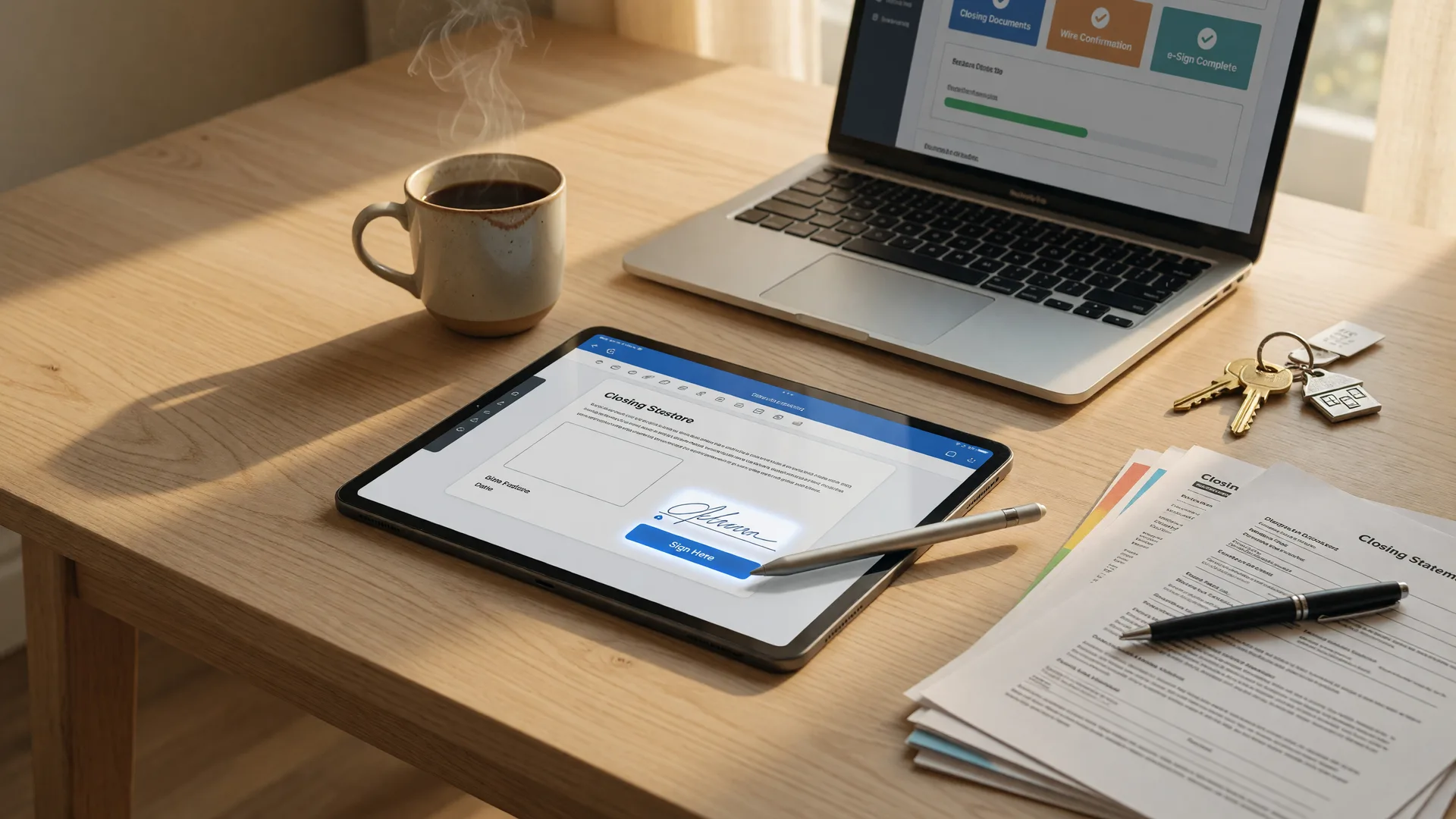A bright digital closing setup on a light oak table with a tablet showing an electronic signature document, an open laptop, brass house keys, and a coffee mug in warm afternoon light