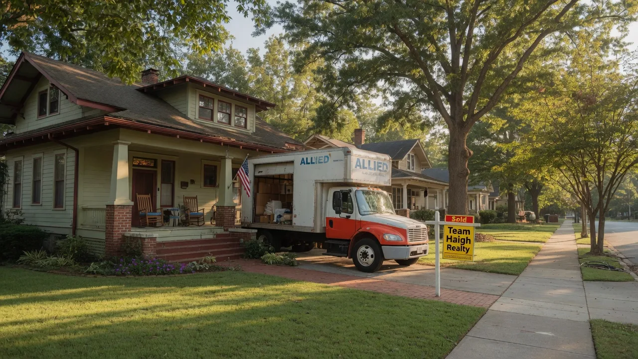 Moving truck in front of a charming Craftsman home in historic Marietta with a Team Haigh Realty Sold sign