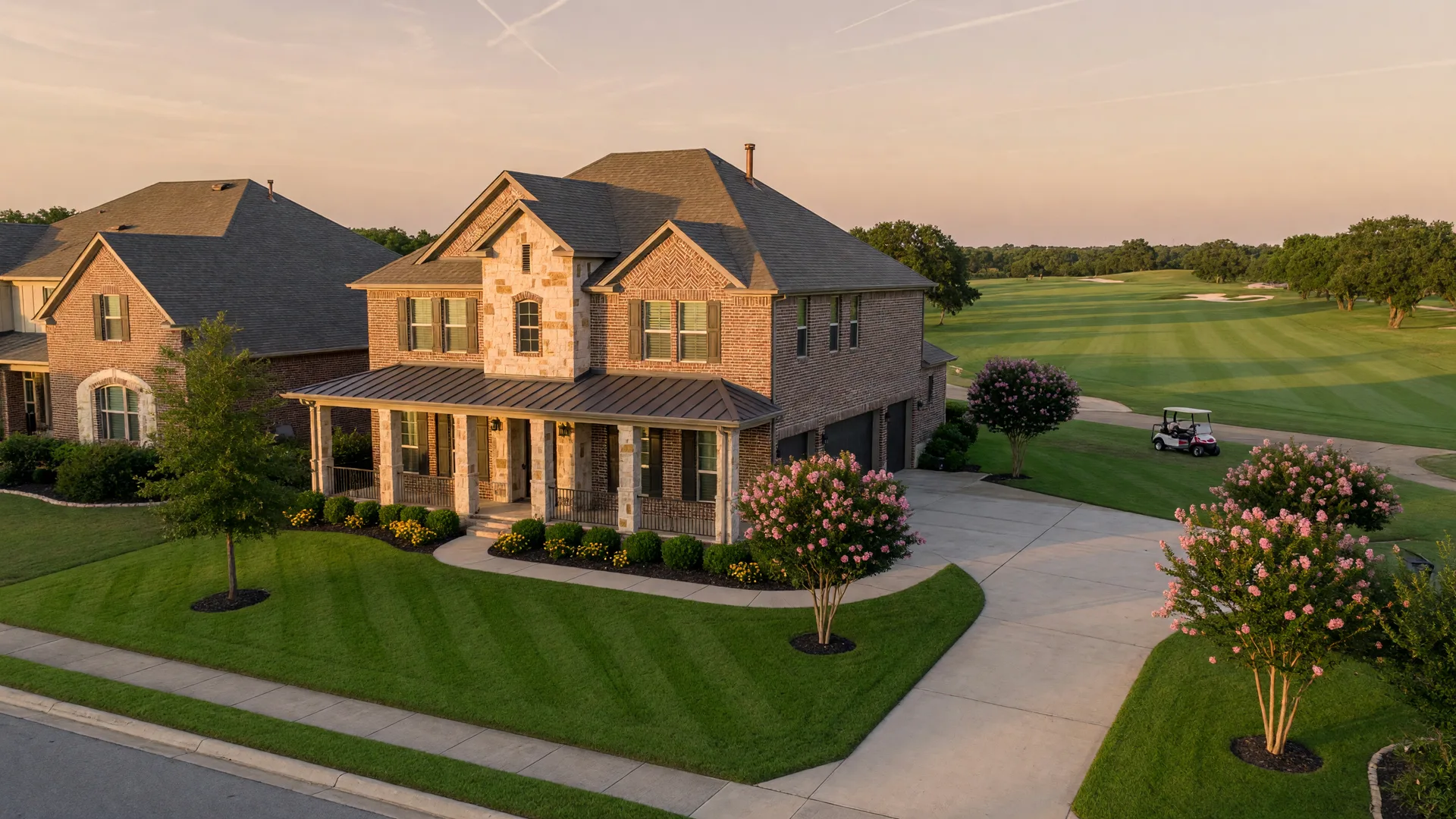 A well-maintained two-story brick and stone home in a golf-course community on San Antonio's far north side at golden hour, in the San Antonio home inspection service area of Rodeo Home Inspections