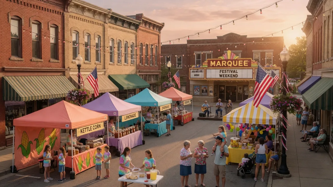 A warm late summer evening on a small-town Ohio Main Street with vendor tents, glowing string lights, and families enjoying the festival atmosphere