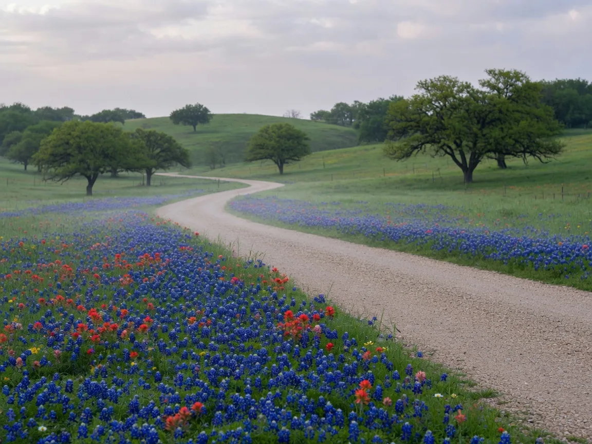 A peaceful Texas Hill Country spring morning with a field of bluebonnets and Indian paintbrush, a winding gravel road, rolling hills and live oak trees in soft morning mist