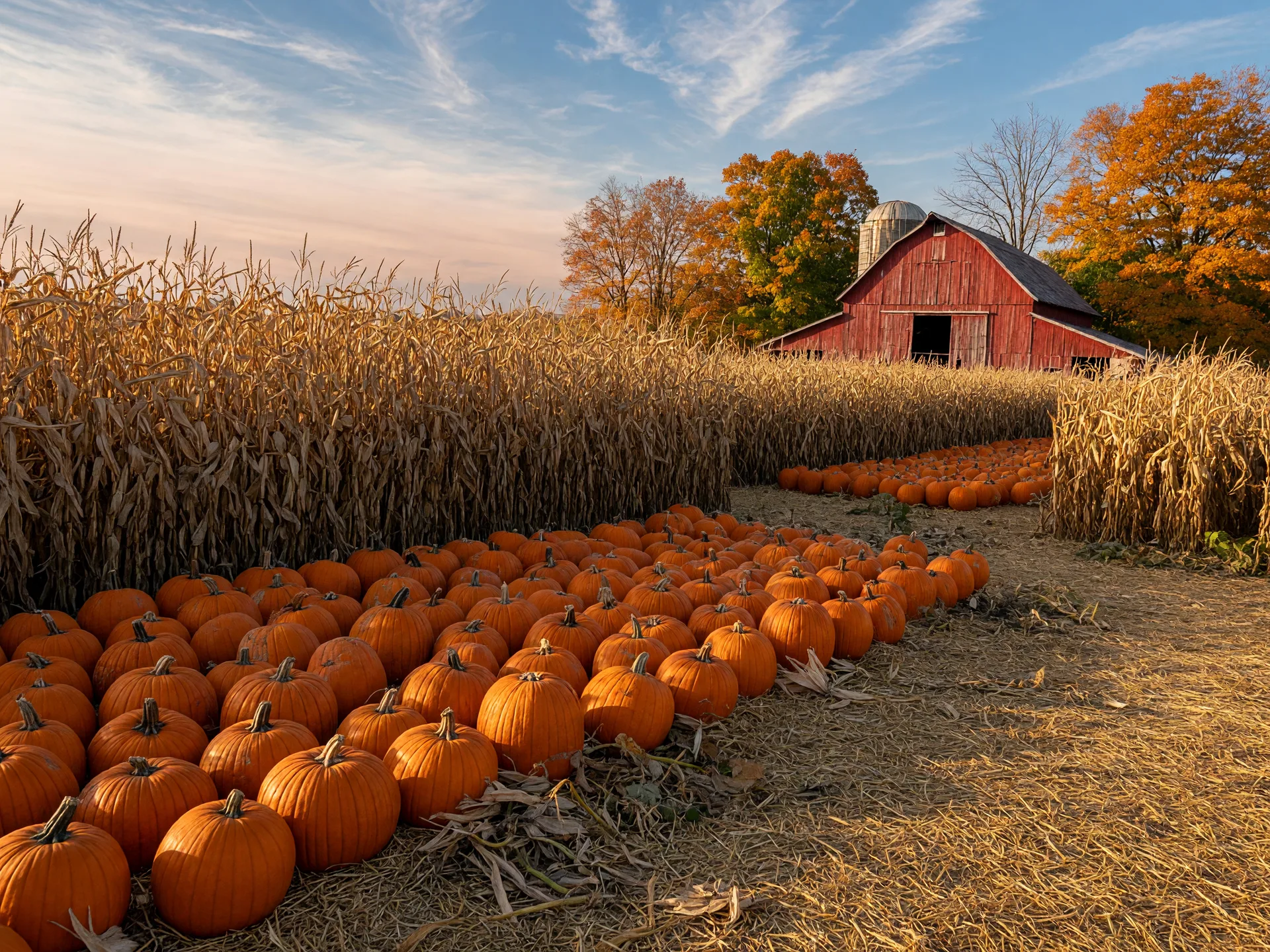 A pumpkin patch and corn maze at a Northeast Ohio farm on a crisp October afternoon, with pumpkins on straw in the foreground and a red barn in the distance