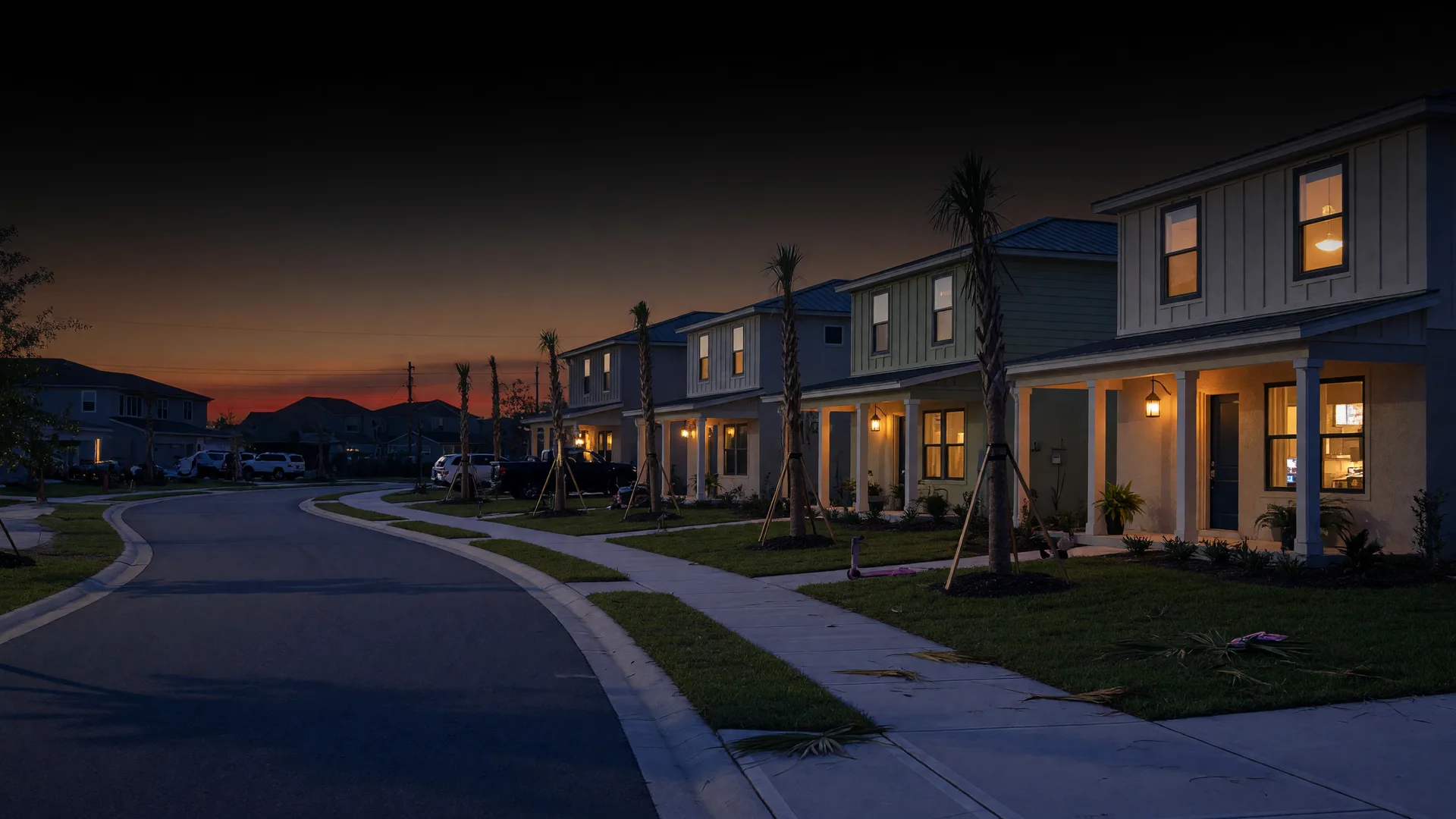 New residential street in Davenport, Florida at deep dusk